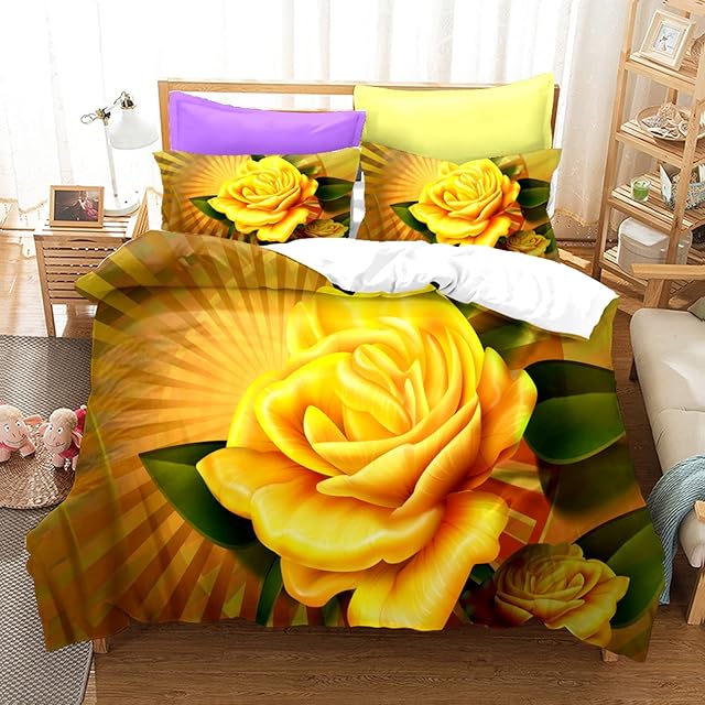 Single Duvet Cover Set Yellow Rose Reversible Soft Easy Care Quilt Bedding Set with Pillowcase - Single (155cm x 200cm)