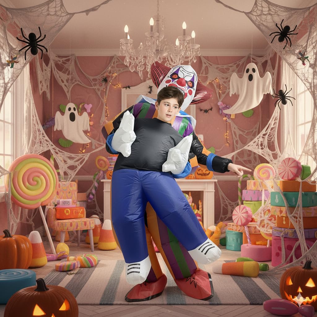 A2Z 4 Kids Nadmuchiwany kostium klauna na Halloween, zabawny, fantazyjny strój, cyrkowy, wielokolorowe, wysadzane kostiumy, na imprezy halloweenowe, imprezy szkolne i cosplay, dla dzieci, jeden
