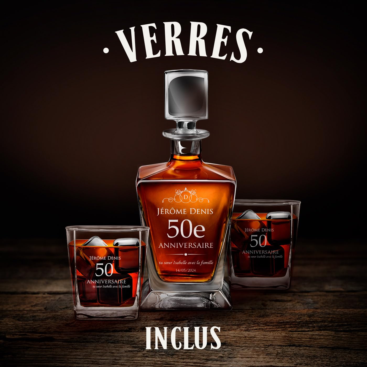 Maverton Ensemble de Carafe et 2/4 / 6 verres à whisky avec personnalisation - Set en verre transparent pour homme - pour anniversaire - pour lui - pour dégustation de whiskey - 50 ans