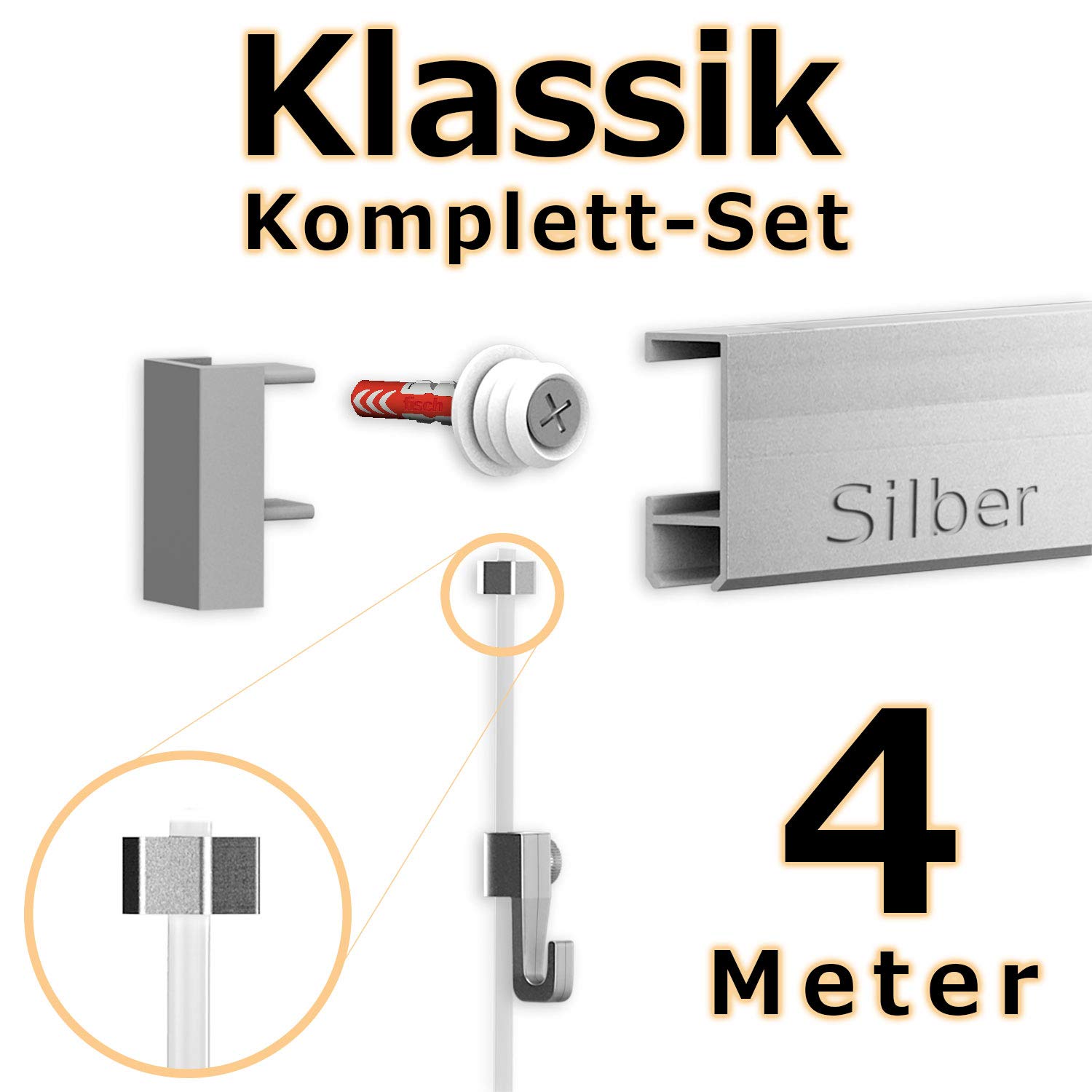 4 Meter Bilderschienen Galerieschienen - Komplett Set in silber von Hang-it