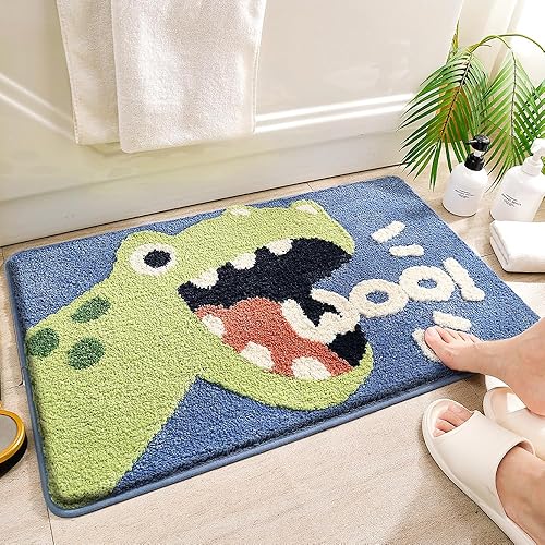 Molesun Alfombra de baño de dinosaurio de 16 x 24 pulgadas, antideslizante, alfombra de ducha suave, microfibra de felpa, absorbente de agua,
