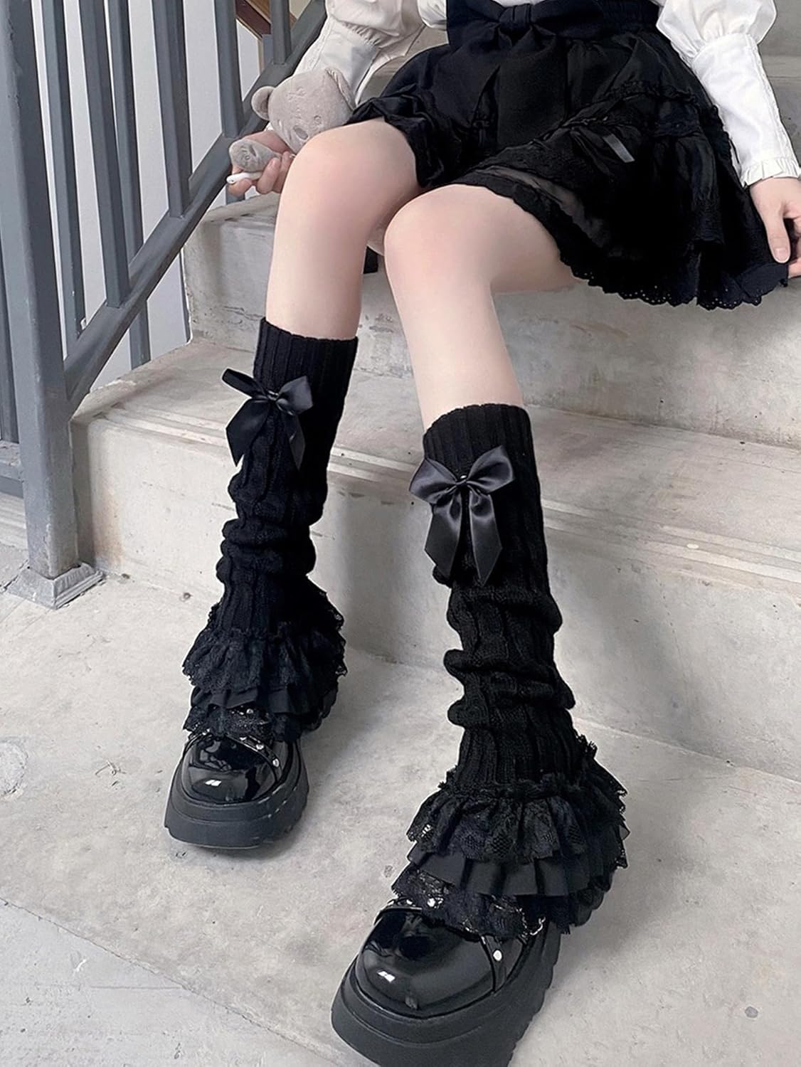 Leoparts Women's Knit Leg Warmers Y2K Bow Lace Trim Knee High Leg Sleeve Socks for Lolita Costume Party Accessory - Image 4