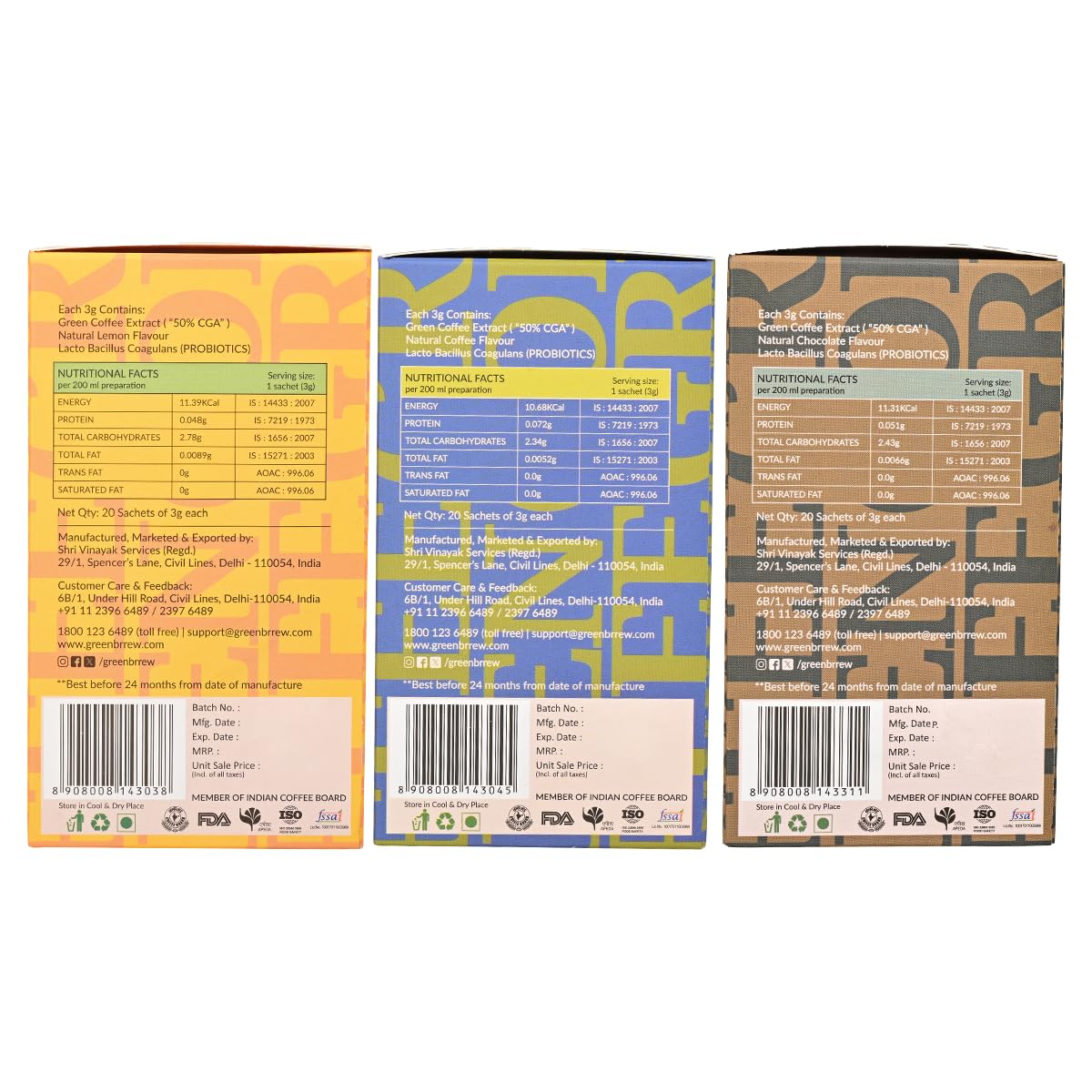 Greenbrrew Instant Green Coffee Combo (Lemon, Strong, Chocolate) Decaf & Unroasted Coffee With Probiotics for Healthy Gut | 20 Sachets Each 2