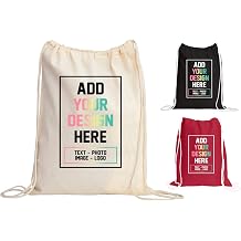 Custom Drawstring Bags, 100% Cotton Backpacks, Personalized Logo or Photo, Reusable Gym Sack for Men Women Youth Sport Bag, 17x20 or 14x18 Inch