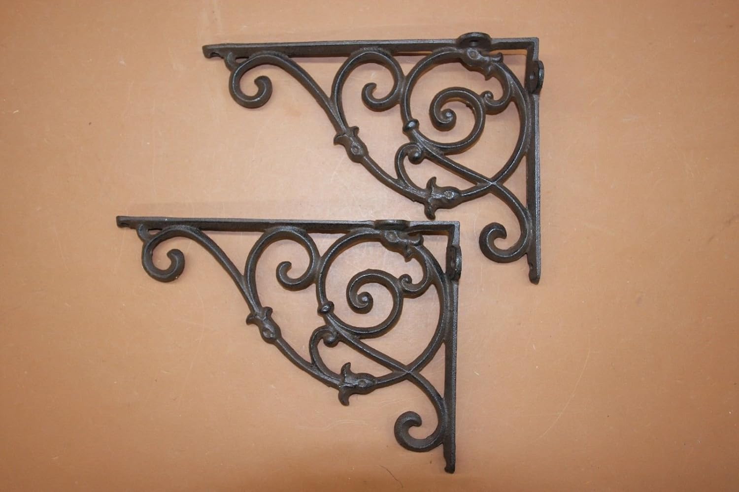 Elegant Victorian Swirl Design Rustic Brown Cast Iron Wall Mount Shelf Brackets, Set of 2, 10 1/8 inch