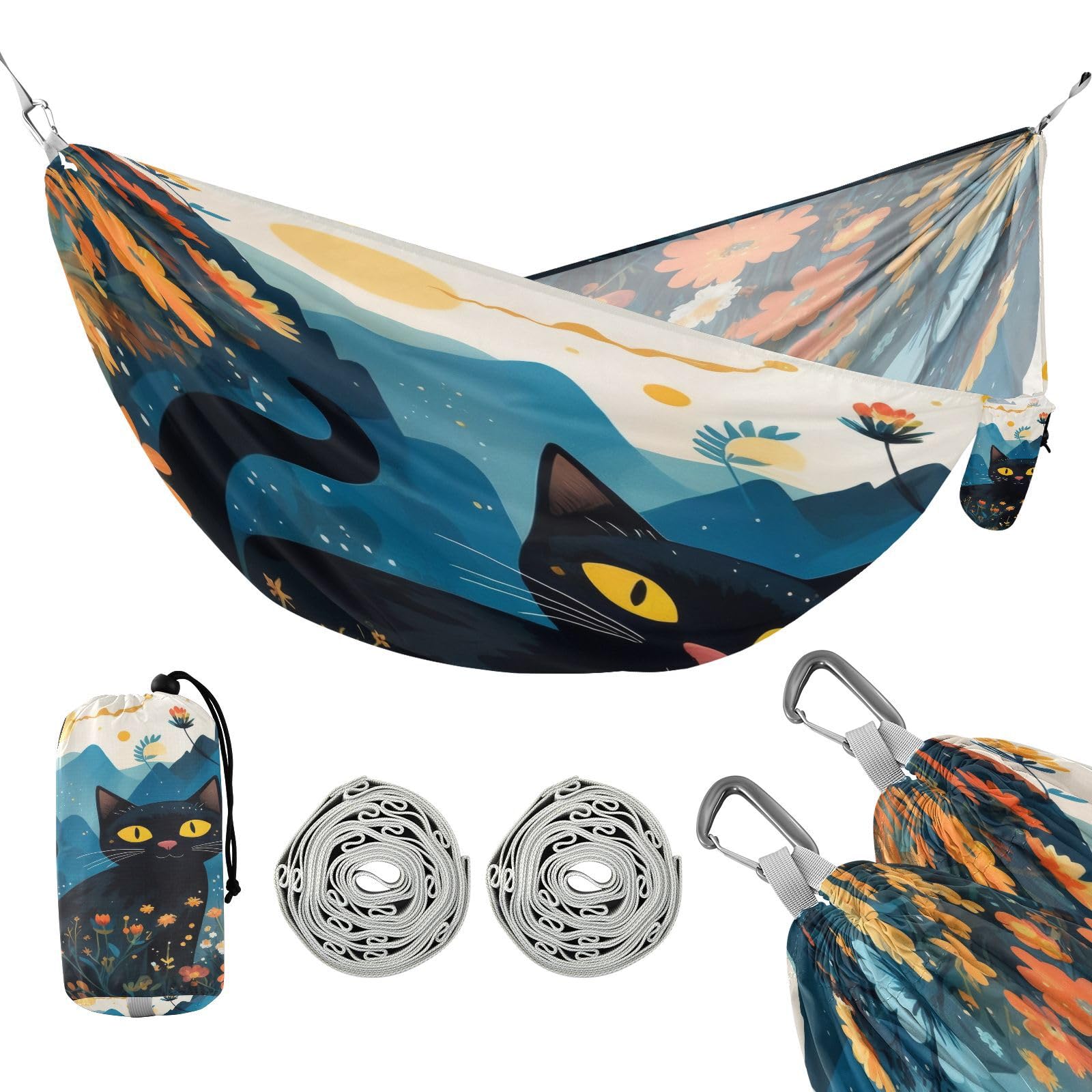 Haskirky Mountian Cute Cats Camping Hammock, Single Portable Hammocks with Tree Straps & Attached Carry Bag, 330Lbs Capacity Perfect for Outside Indoor Hiking Beach Backpack Travel