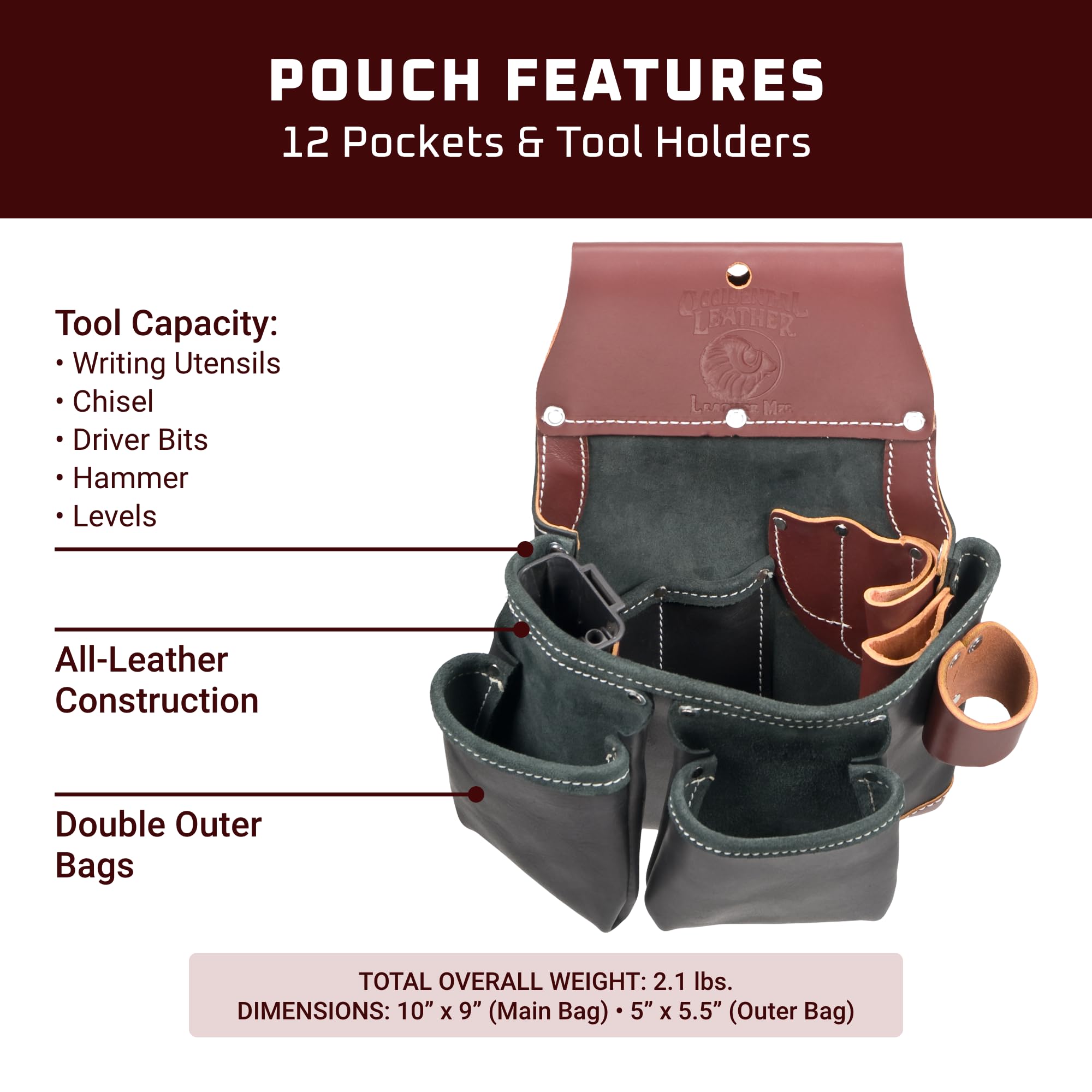 Occidental Leather Green Building Tool Bag - 12 Pockets & Tool