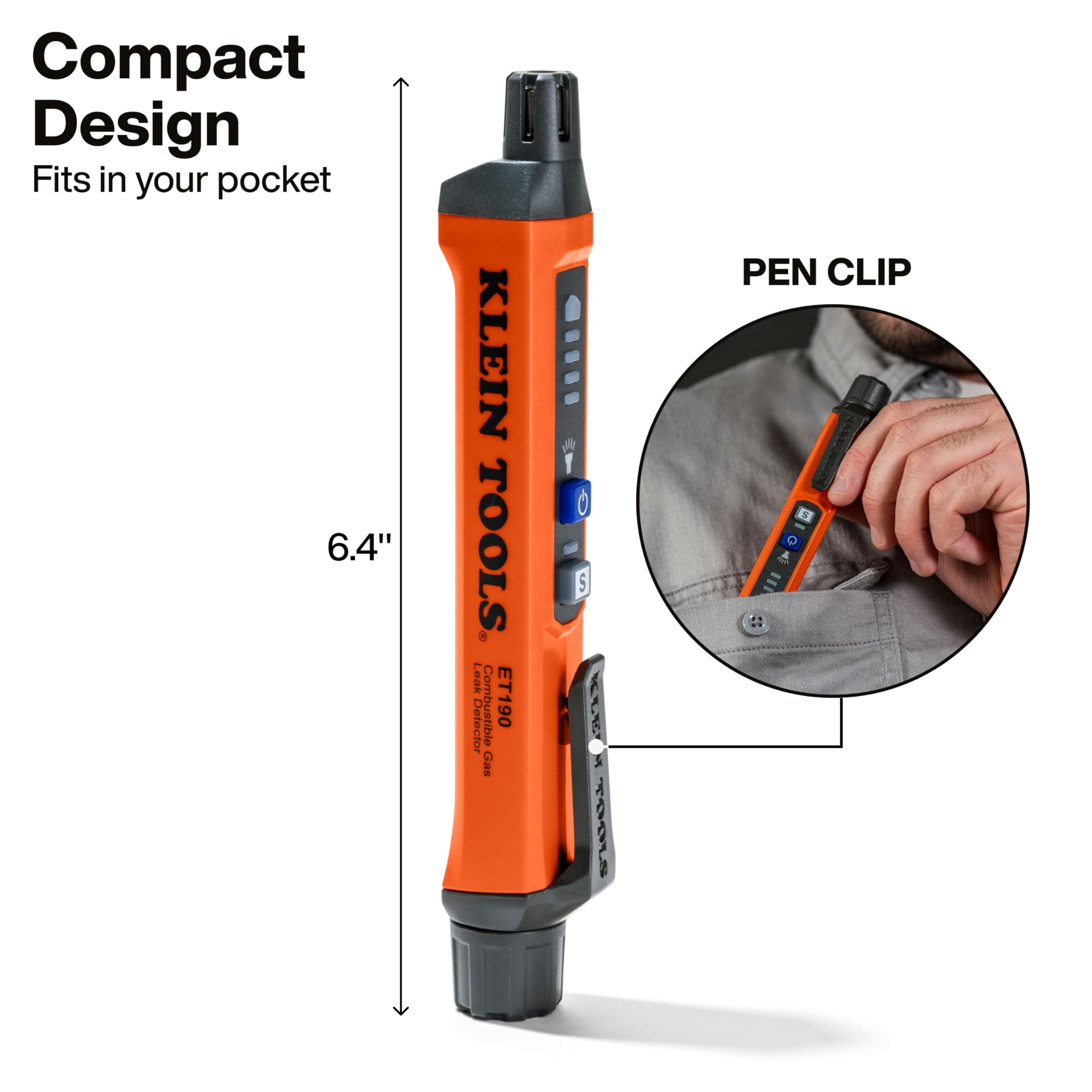 Klein Tools Detector de Fugas de Gas ET190, Amplio Rango de detección, alertas audibles y LED, Delgado y Ligero