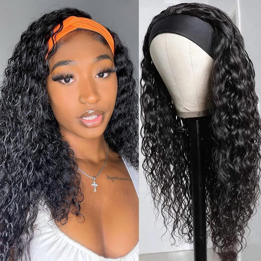 Headband Wig Human Hair Water Wave Headband Wigs for Black Women Glueless Wet and Wavy Headband Wigs Deep Curly Human Hair Wigs with Headbands Attached Machine Made Non Lace Front Wigs 28inch 28 Inch water wave headband wig