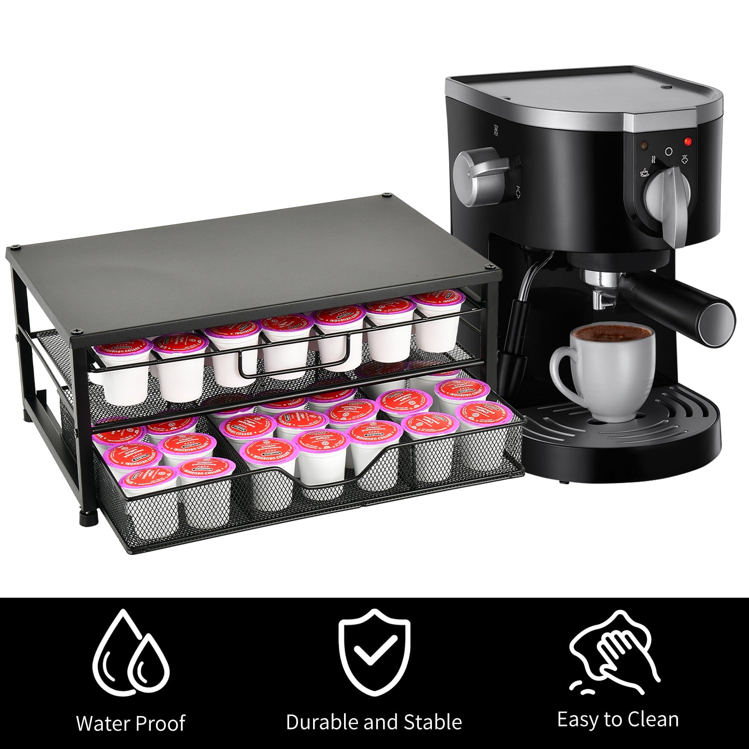 Spacrea Organizador de tazas K, soporte para cápsulas de café para mostrador con cajón de almacenamiento deslizante de 2 niveles, soporte para accesorios de barra de café, 63 cápsulas grandes u 80