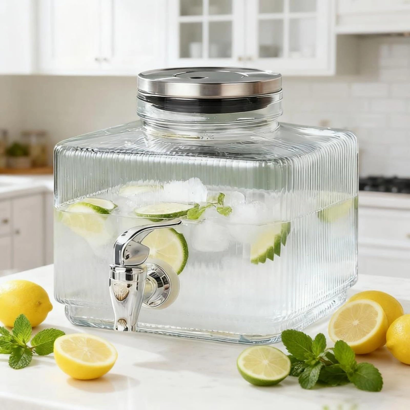 Jarra de agua transparente con tapa de acero inoxidable y boquillas, botella de agua para fiesta con dispensador de agua de vidrio con grifo