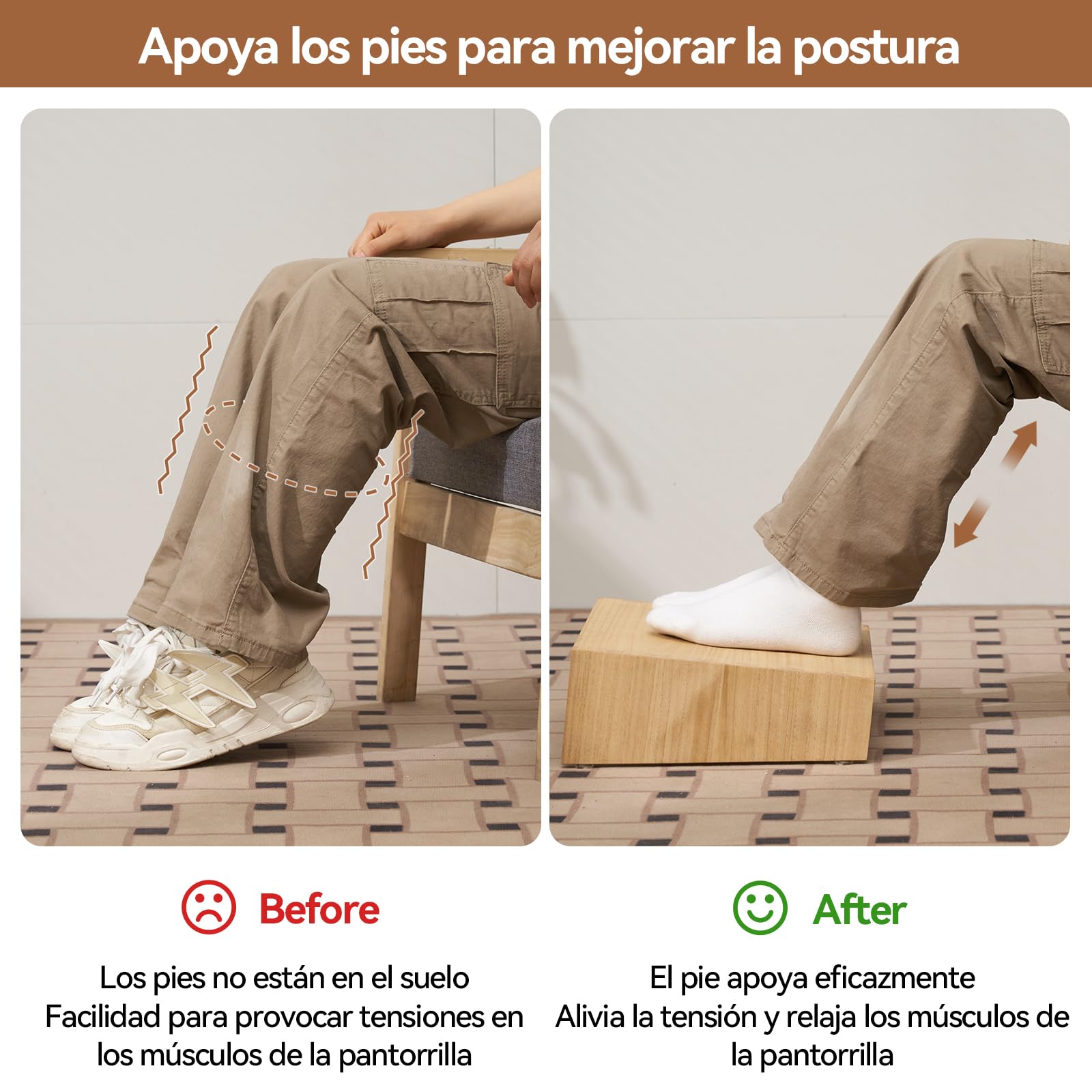 KIRIGEN Reposapiés de madera regulable en altura debajo de la mesa Reposapiés portátil Ayuda a mejorar la postura al sentarse color natural