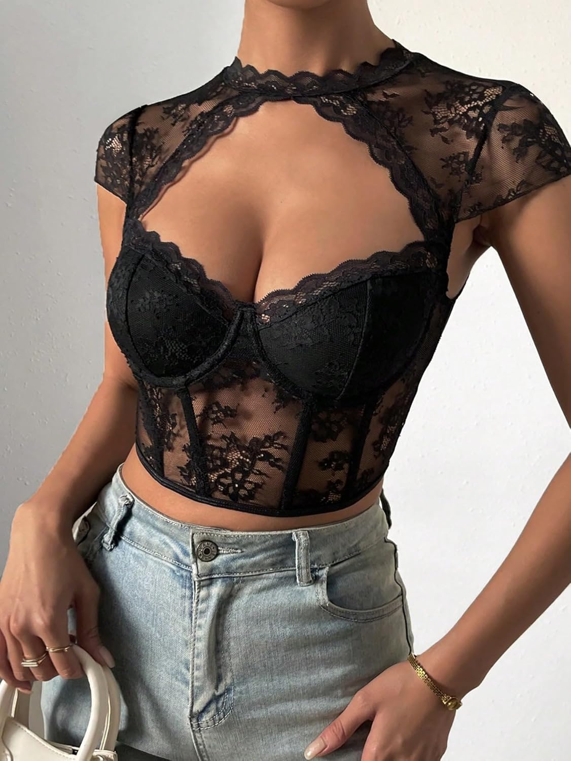 Floerns Women's Lace Bustier Corset Tops Cap Sleeve Cut Out Keyhole Neck Tee Shirts - Image 3