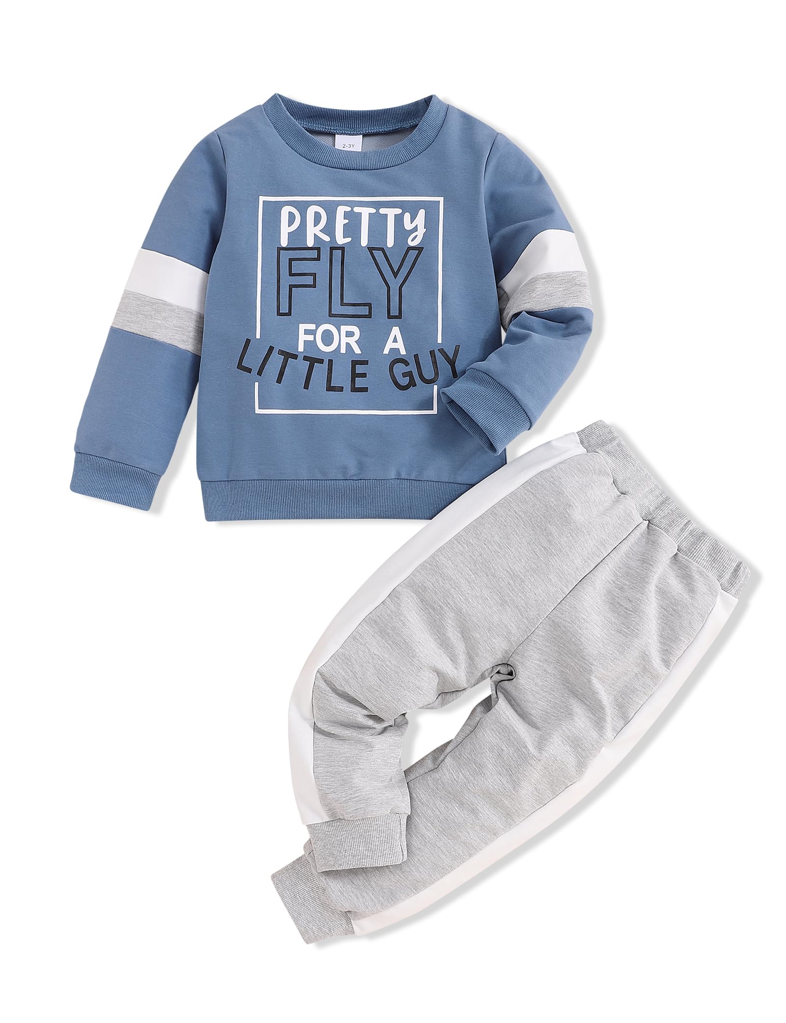 Menglang Toddler Boy Clothes Fall Winter 2-Piece Long Sleeve Letter Top and Pant Set for Boys (Blue Grey, 3-4T)