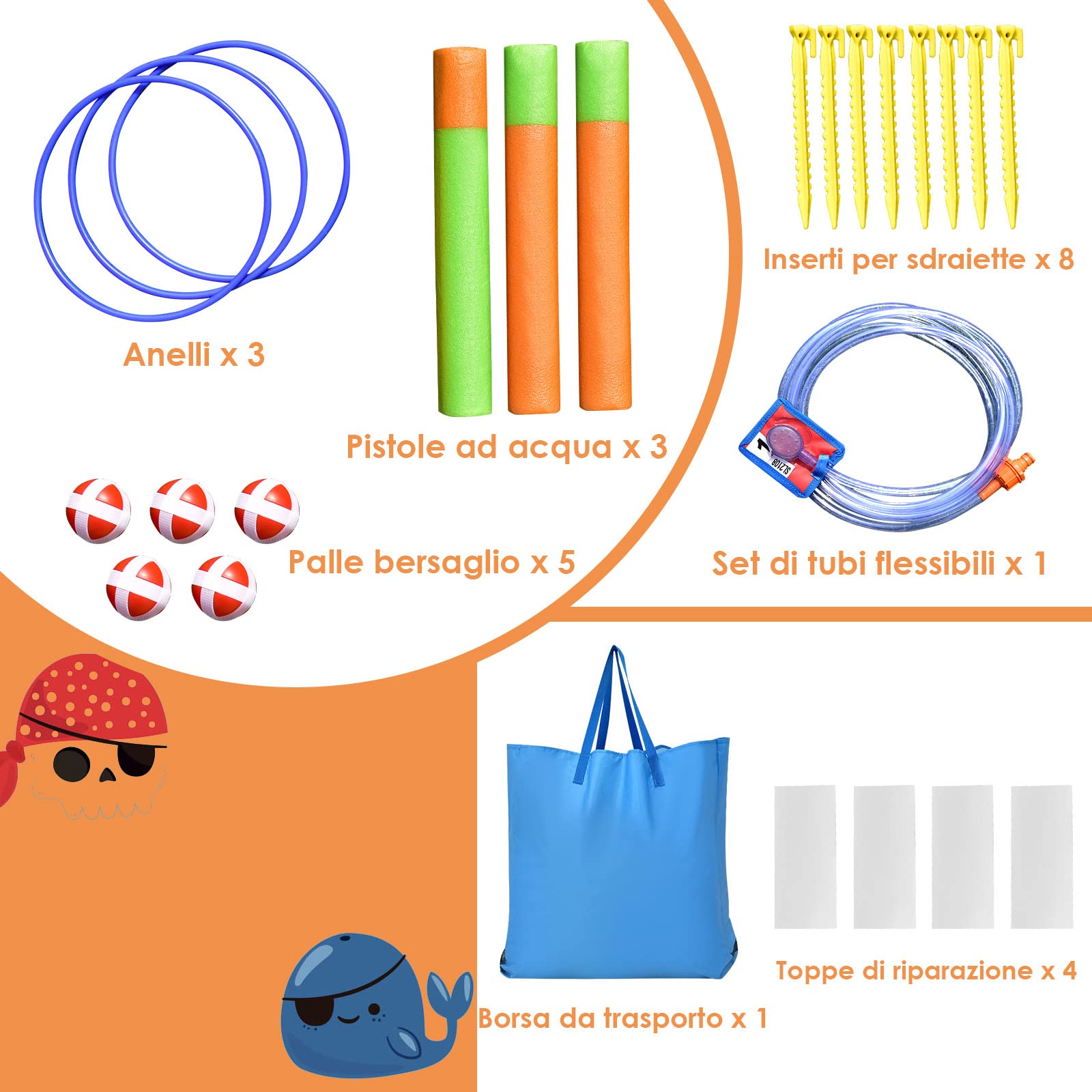 COSTWAY Castello Gonfiabile per Bambini 6 in 1, con Scivolo, Parete per Arrampicarsi, Piscina, Freccette, Gioco di Lancio, Pistole Acquatiche e Borsa, Ideale per 3 Bambini con Età 3-10 Anni