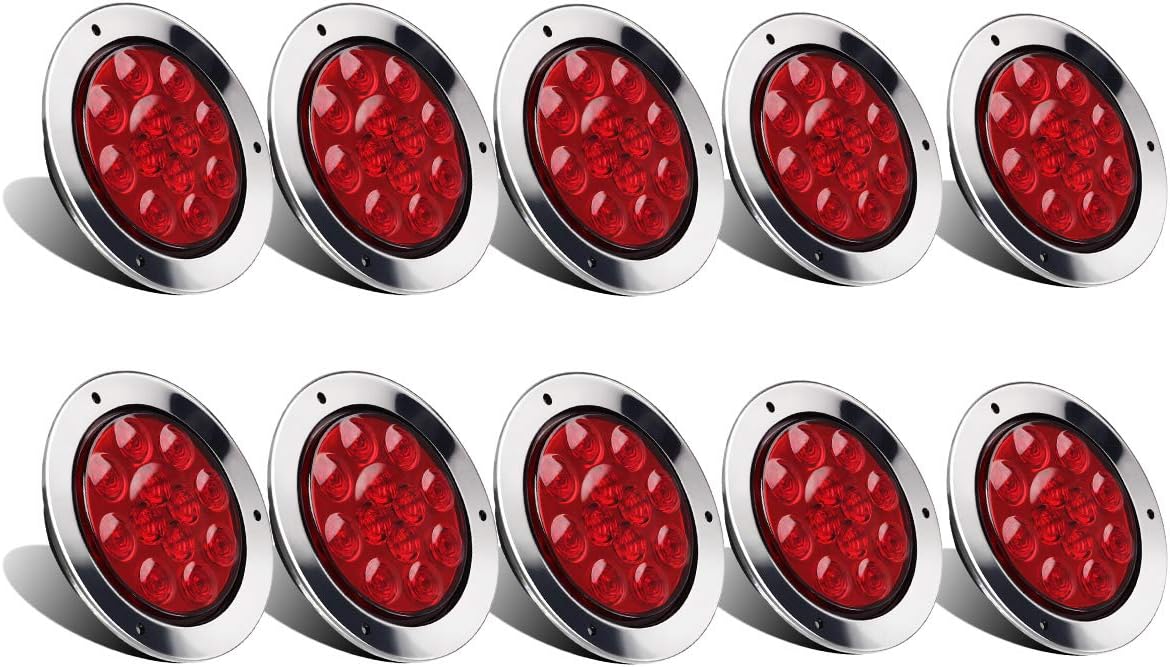 Partsam 10Pcs Red 4" Inch Round LED Trailer Tail Lights 12LED Flange Mount Stainless Steel Chrome Bezel Waterproof Stop Turn Tail Brake Lights Replacement for Trucks RV 12V