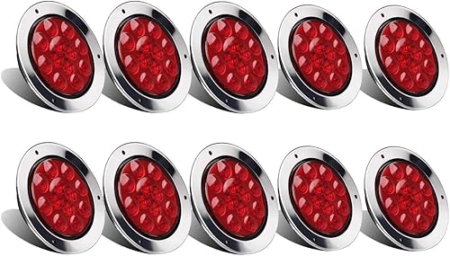 Partsam 10 luces traseras LED redondas rojas de 3.9 in, 12 LED, montaje en brida de acero inoxidable, bisel cromado, resistente al agua, luces de