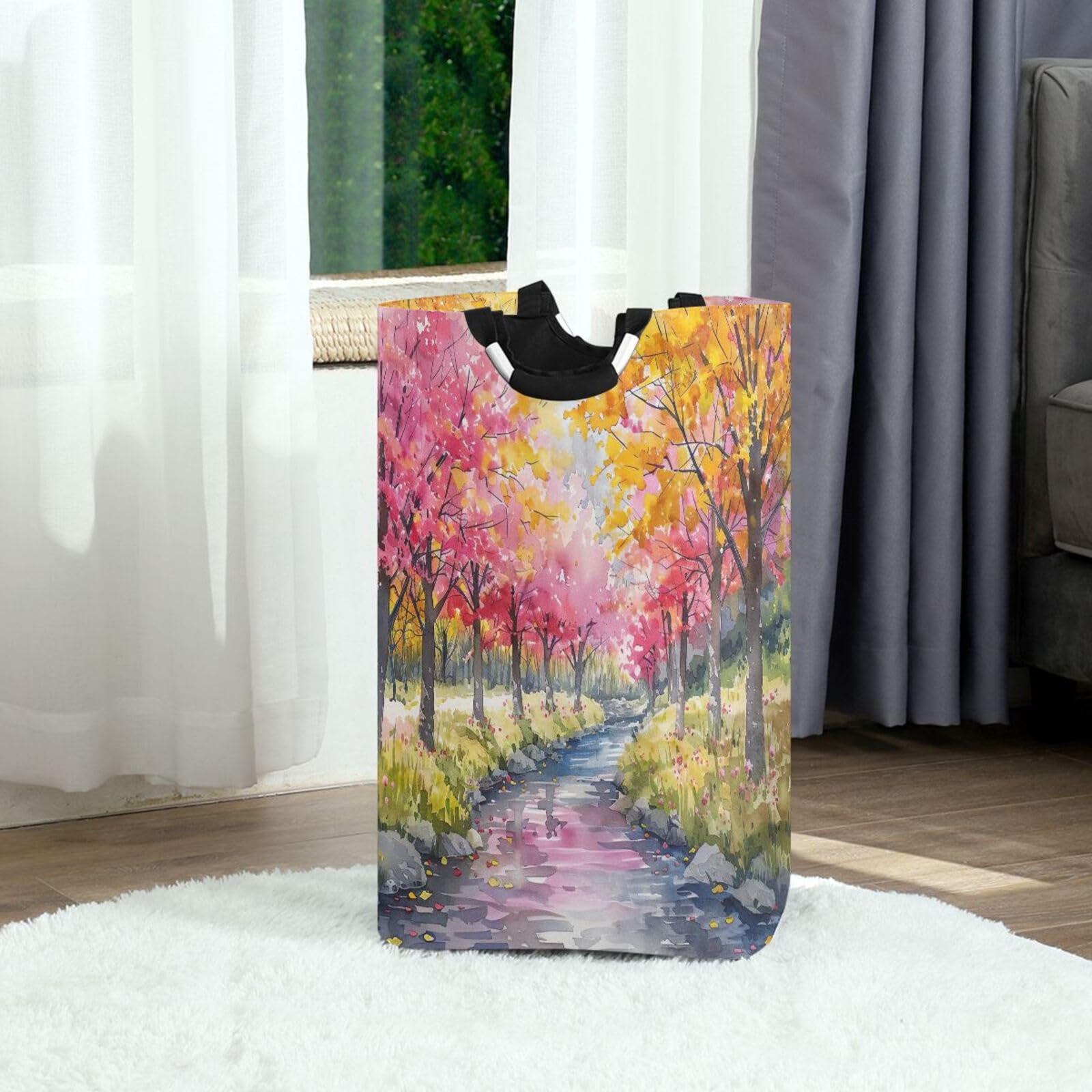 Jihqo Laundry Hamper Basket Watercolor Street Blossom Trees Collapsible Nursery Storage Bin Waterproof Clothing Baskets for Home Bedroom Bathroom Washing Room