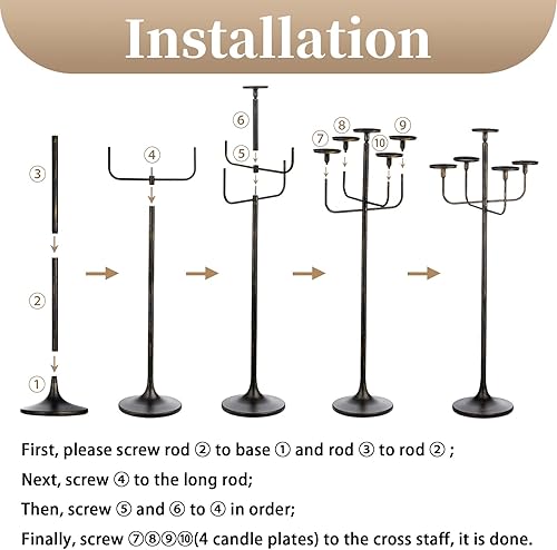 Miniatura 6 de Sziqiqi Centro de mesa de candelabro de piso negro de 5 brazos de 48 pulgadas de alto, portavelas para velas cónicas de pilar cónico de metal,