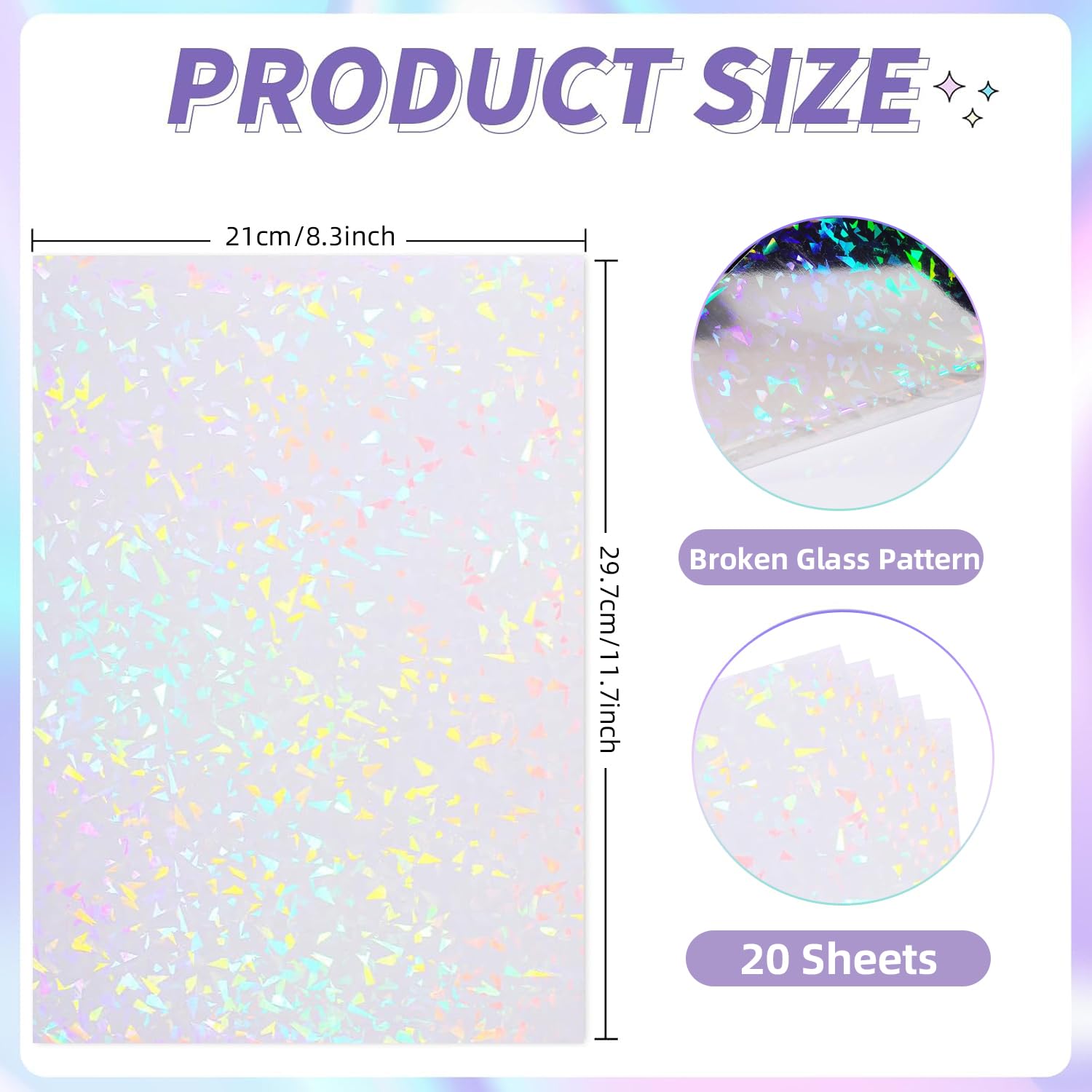 Papel Adhesivo Holográfico A4 50mic, Película Transparente Impermeable de Laminado en Frío para Fotos, Tarjetas de Visita, Documentos, 20 Piezas (Vidrio Roto)