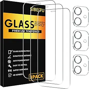 SIBEITU 3 Pack Screen Protector for iPhone 12 with 3 Pack Camera Lens Tempered Glass Protector, 6.1 Inch HD Clear Tempered Glass Film 9H Hardness Full Coverage, Scratch Resistent, No Air Bubbles