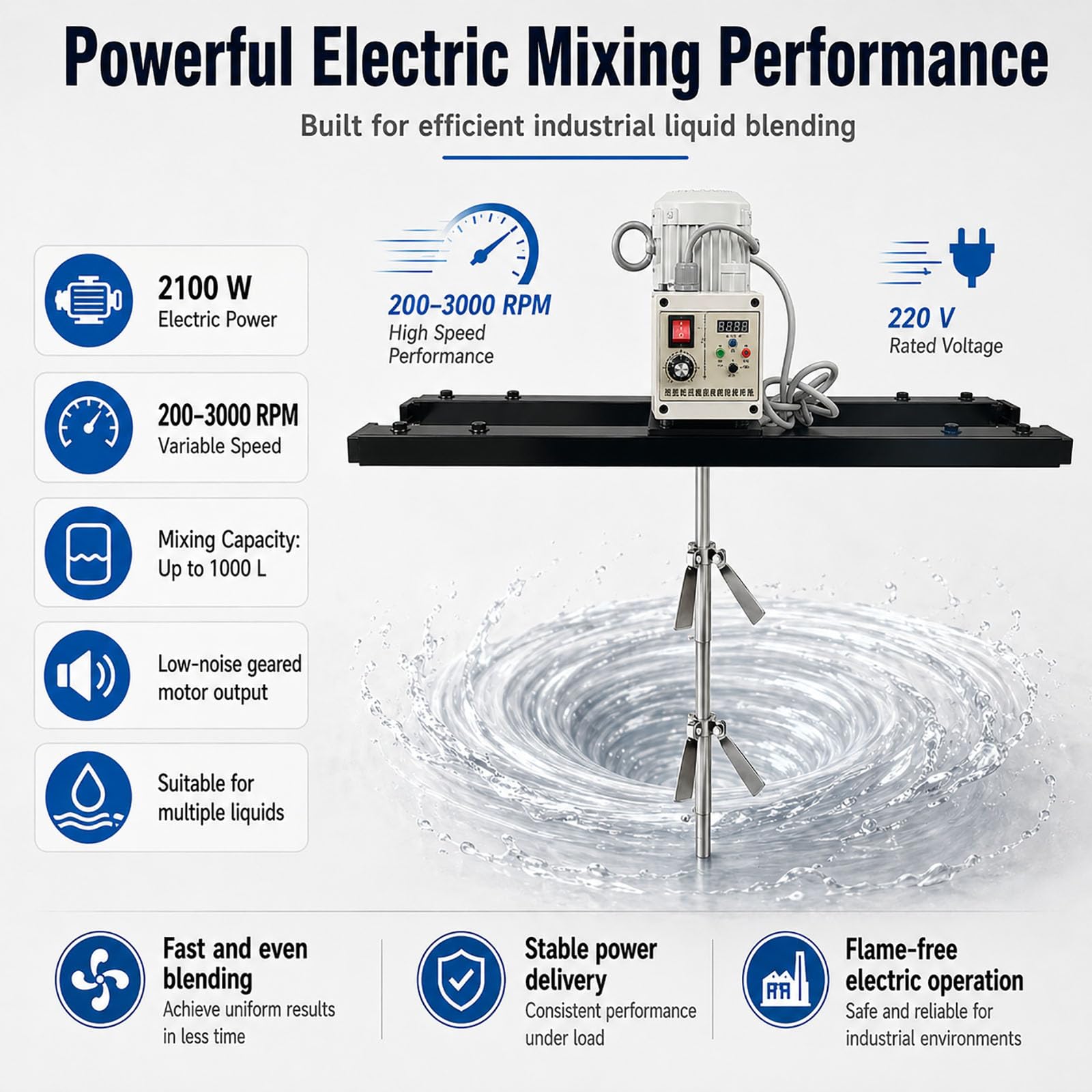 Mezclador Eléctrico para Contenedor IBC 2100w, Agitador Industrial con Soporte Ajustable 75–120 Cm, Motor Servo Sin Escobillas, 200–3000 RPM, Hélices De Acero Inoxidable