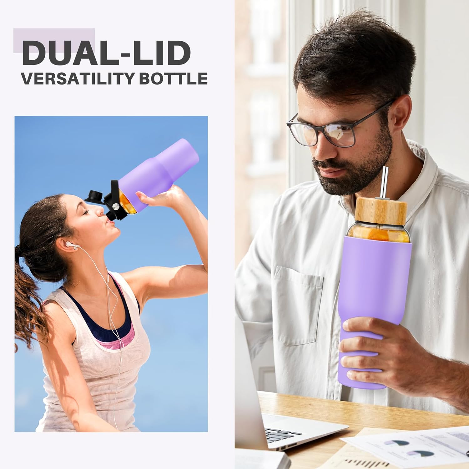 PROBTTL Glass Water Bottles 32 oz, 1 Liter Glass Tumbler, Borosilicate Water Bottle with Straw, Silicone Sleeve, 2 Lids - Handle Spout & Bamboo Straw Lid, Fits Car Cup Holder (Violet) - Image 6