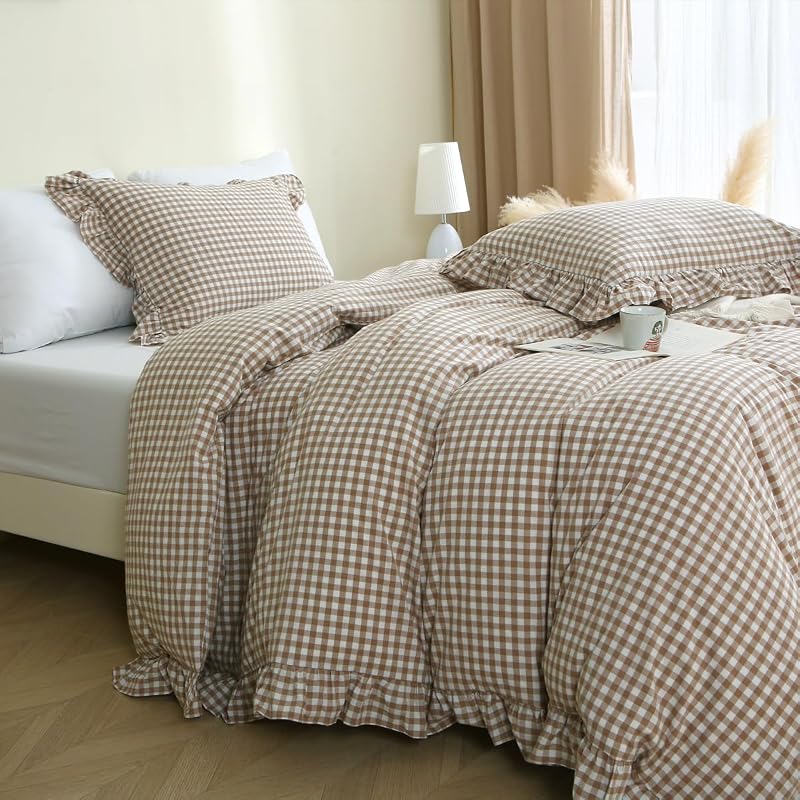 Silnuo Taupe/White Plaid Gingham Ruffle Duvet Cover Set King Size image 2