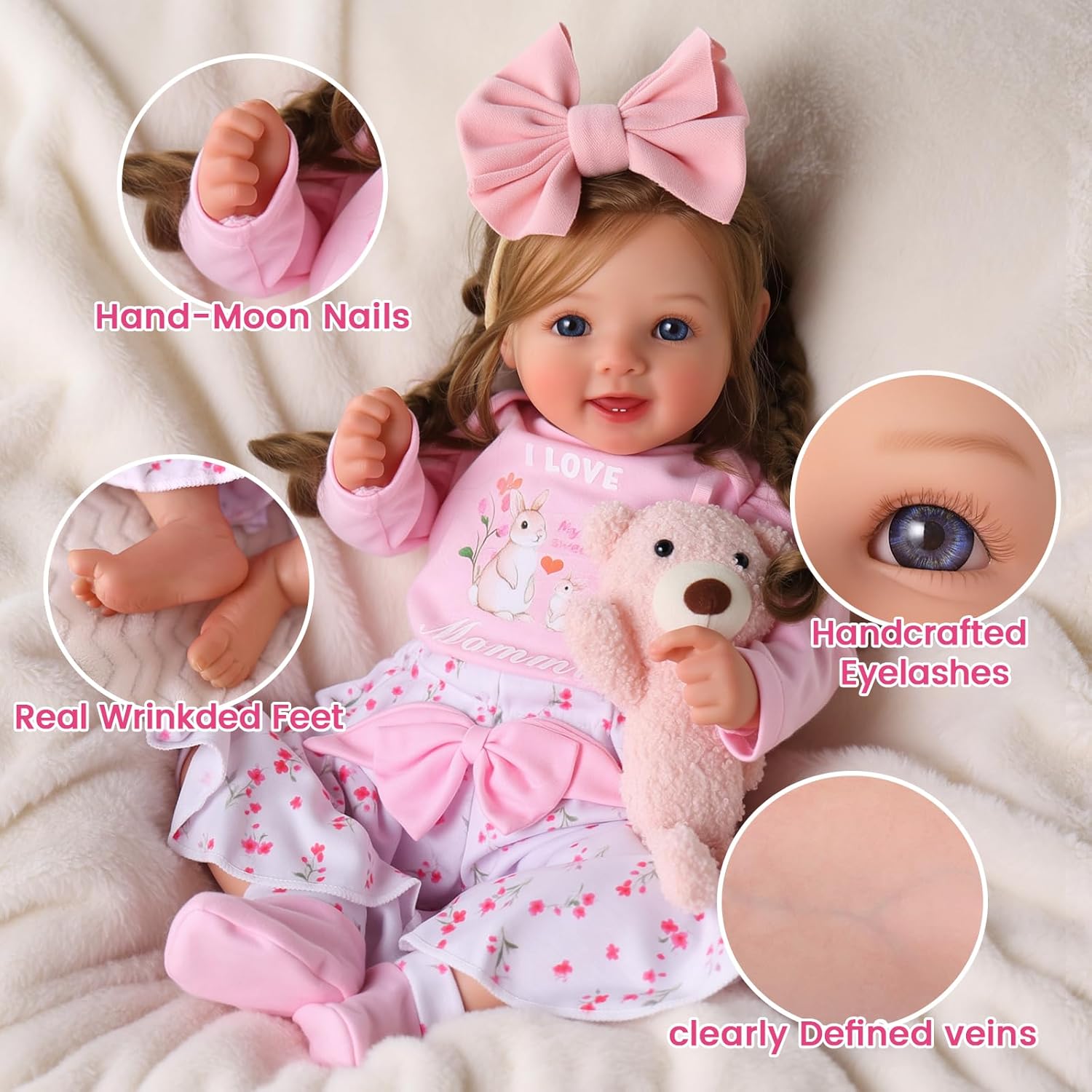 BABESIDE Realistic Reborn Baby Doll for Girls – 17-Inch Lifelike Soft Vinyl Toddler Doll with Handcrafted Details, Blue Eyes, Cute Pink Outfit & Accessories, Toy for Kids Ages 3+ - Image 4
