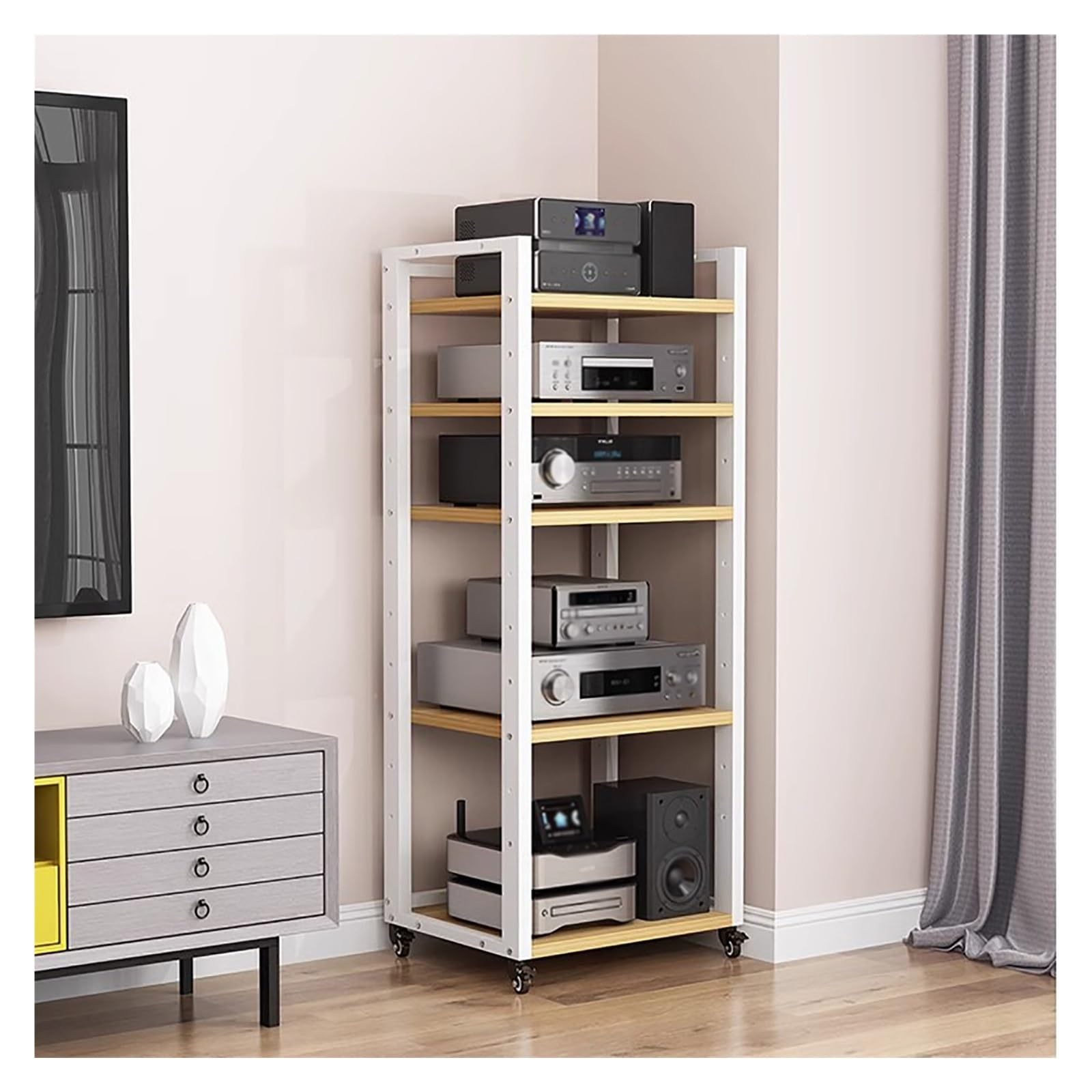 Gabinete de soporte for componentes estéreo 5 niveles, estante for audio y video, unidad multimedia, for tocadiscos, estantes for almacenamiento discos, centro entretenimiento alto(Beige)
