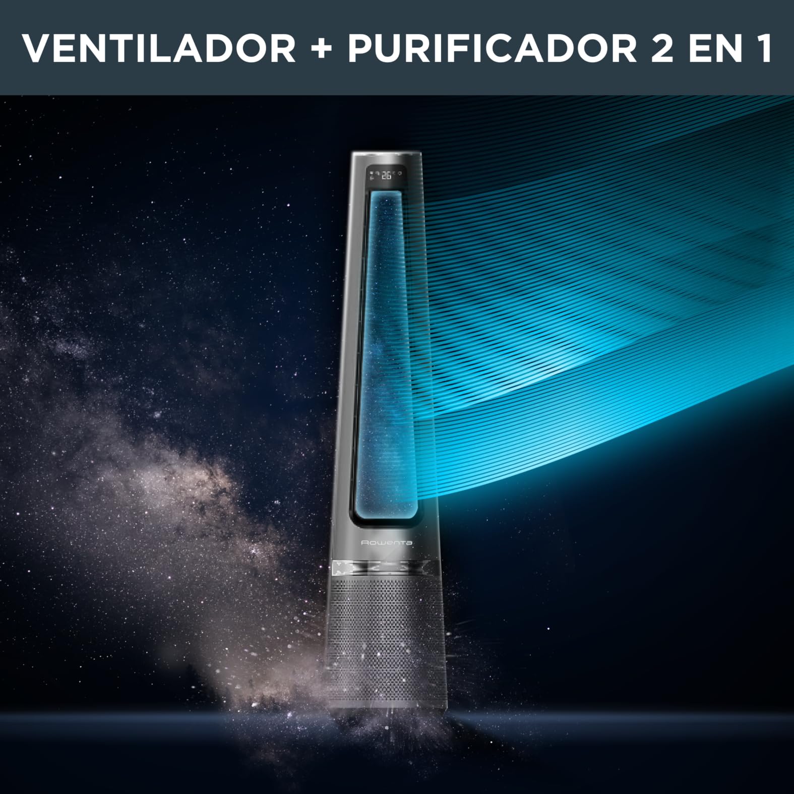 Rowenta 2 en 1 Purificador de Aire y Ventilador, 12 Velocidades, Oscilación, Filtra Partículas Finas hasta el 99,95%, Silencioso, Mando a Distancia, Plata, Eclipse, QU5030