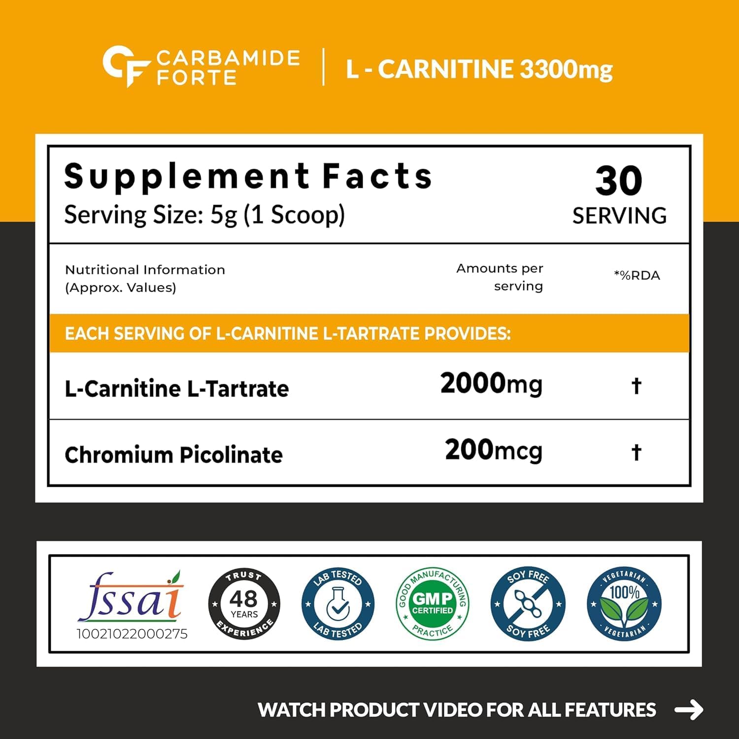 Carbamide Forte L Carnitine Powder For Men & Women | L Carnitine Tartrate Fat Burn & Muscle Recovery | L-Carnitine Powder Pre & Post Workout Supplement | Mango Flavour - 150g — Amazon image 2