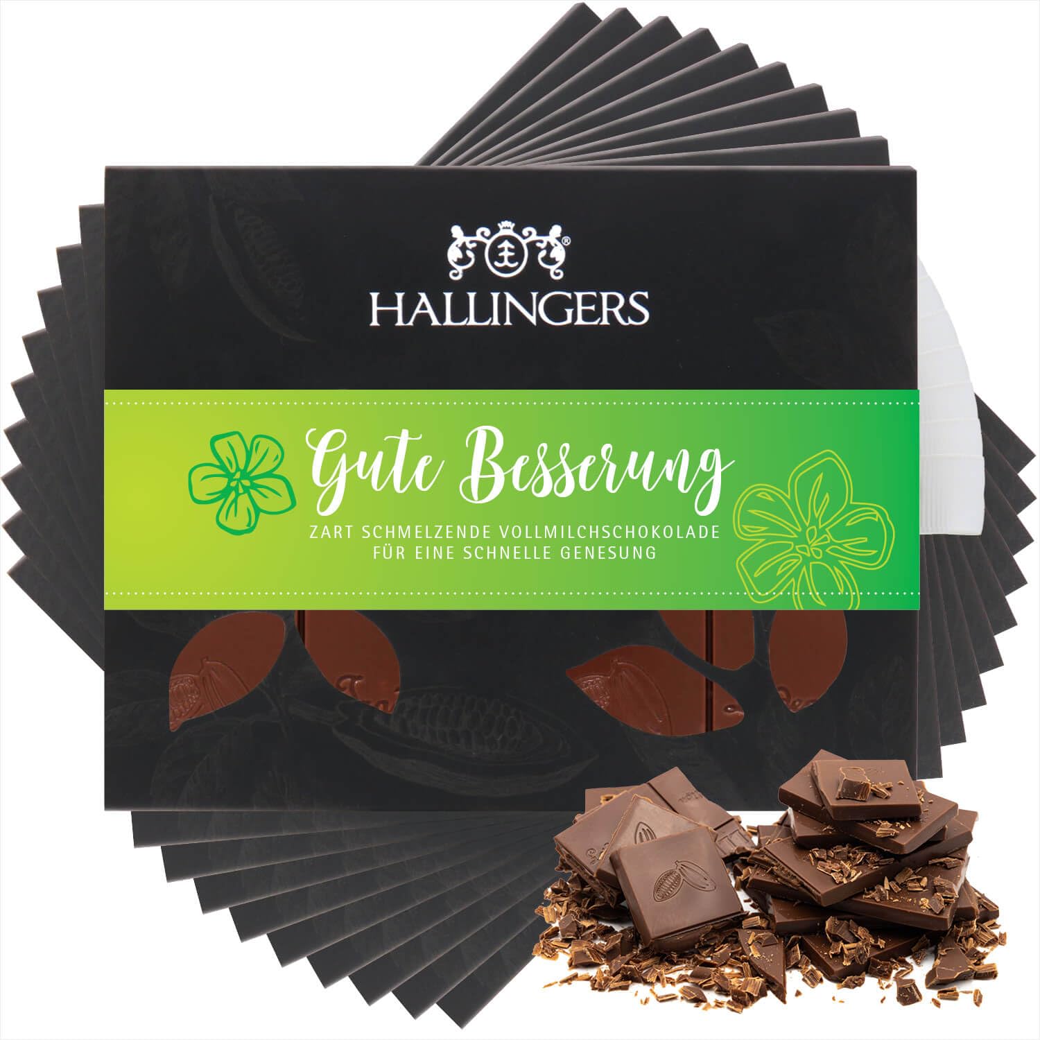 Hallingers Genuss Manufaktur Schokolade Geschenk - Tafel Edelkakao handgeschöpft ohne Alkohol edler Karton 10x "Gute Besserung ..." Pur, Geschenkidee für Frauen Männer