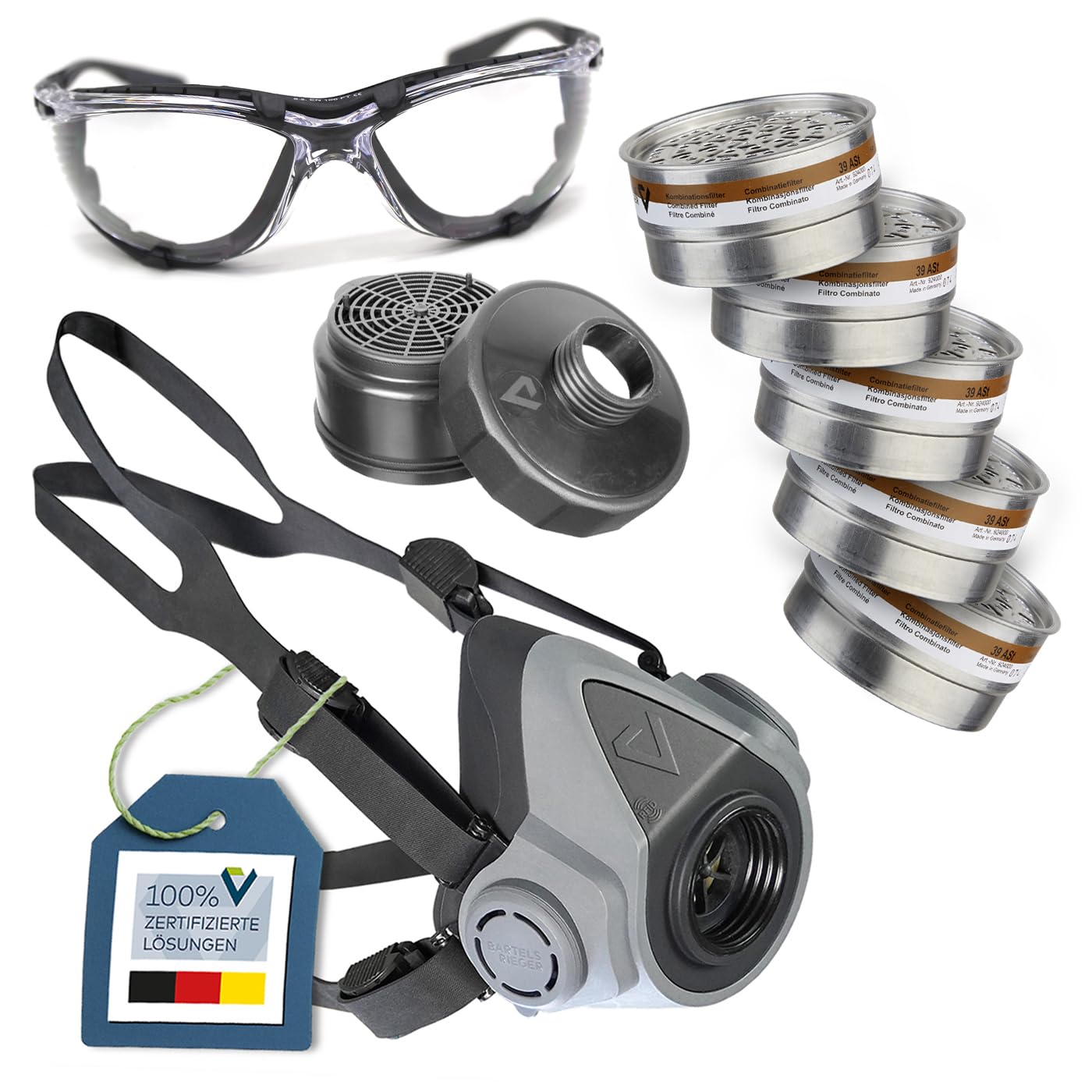 Atemschutz-Set Silikon-Maske BariMask HF, Filter, Filteraufnahme, Brille | Arbeitsschutz-Set mit Silikon Halbmaske BariMask HF, 5x A1P2 Steckfilter 39 ASt, Filteraufnahme 5570/70 & Schutzbrille