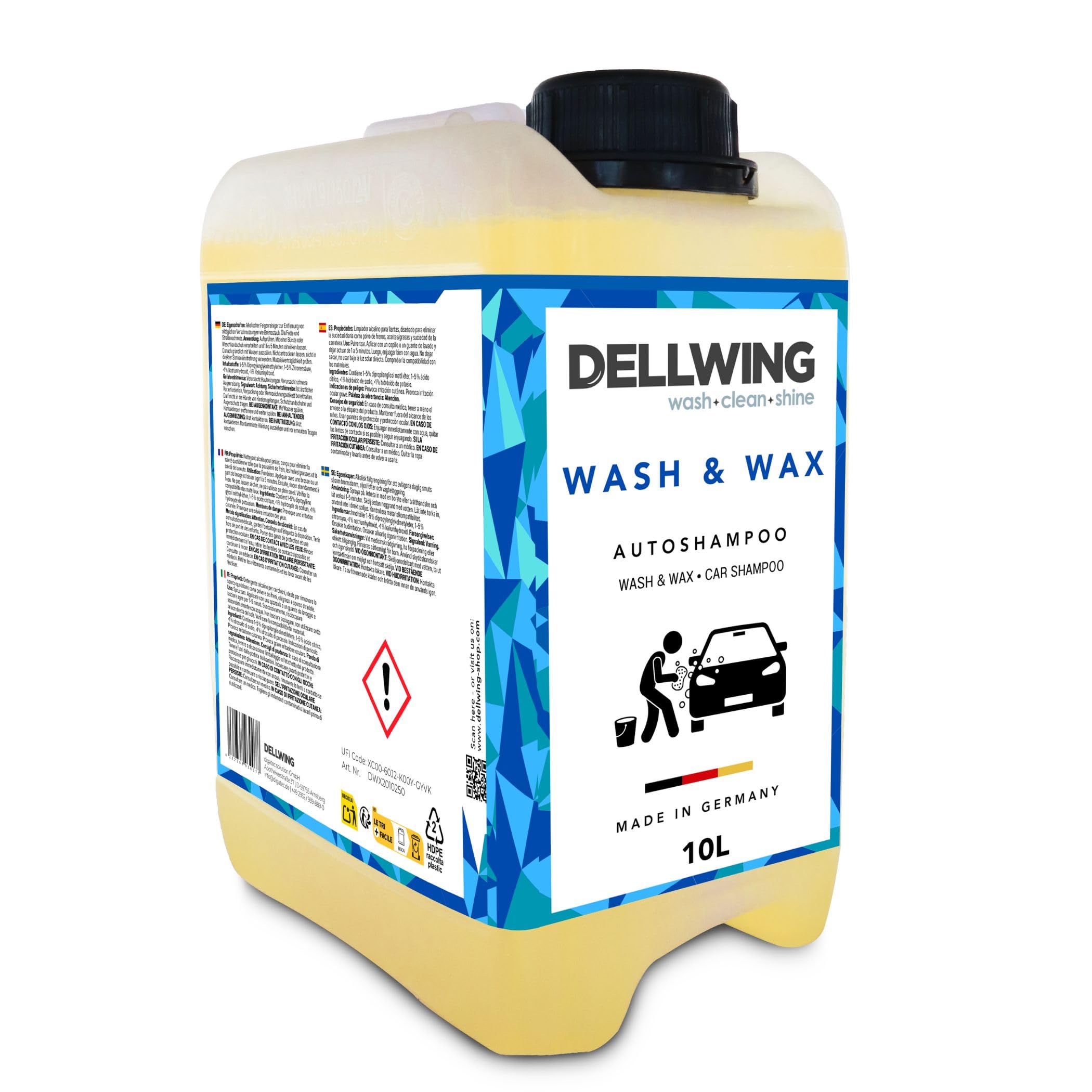 Dellwing Champú para coche Wash & Wax concentrado 10 l, champú con cera para lavado y cuidado exterior del vehículo, fabricado en Alemania