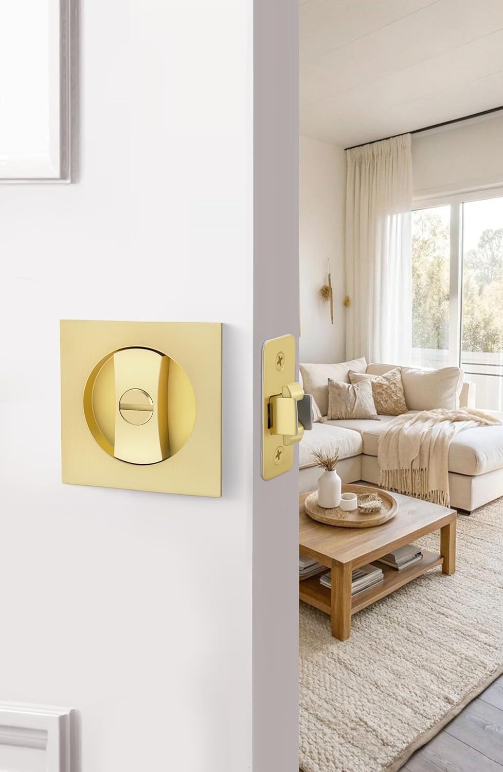 goldenwarm Brushed Gold Square Pocket Door Lock, Pocket Door Hardware for 2-1/8'' Round Bore Hole, Pocket Door Handles Fit 1-1/4'' to 2'' Thickness Sliding Door 2-3/8'' Latch 1 Pack