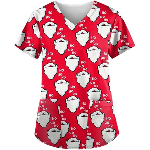 Women Stretch Scrubs Top Holiday Print V Neck Fall Scrub Tops Shirt Christmas Scrub Tops