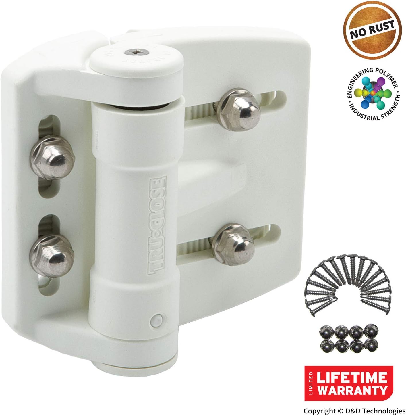 D&D Technologies TCAMA2WT Multi-Adjust Regular Duty Self Closing Gate Hinges, for Metal, Wood, Vinyl Gates up to 55 Pounds, Gap up to 2", for Square Gate Frame and Post, White, 2 Count