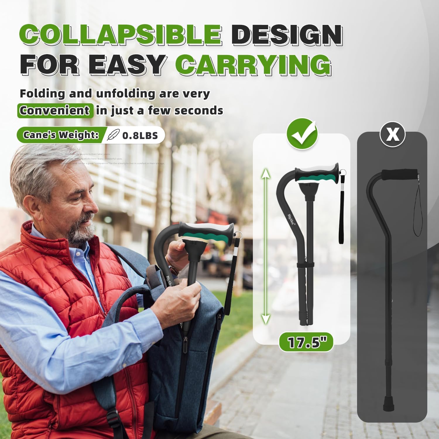 BigAlex Lightweight Walking Cane, Soft Offset Handle for Seniors, Adjustable Collapsible Portable Stick for Women & Men, Mobility Aid for Elderly Adults, Folding Cane Provides Stability & Balance