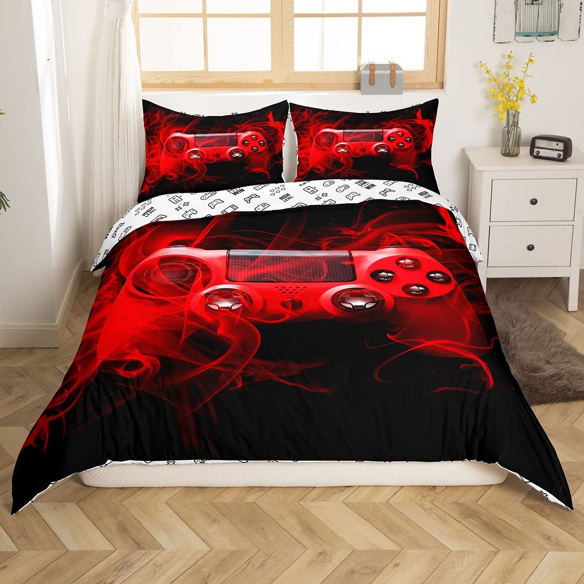 Kids Modern Gamer Bedding Set Single Size For Boys Girls Youth Game Controller Duvet Cover Teens Gamepad Comforter Cover Gaming Console Room Decor Cool Red Black Geometry With 1Pillow Case Zipper - Image 3
