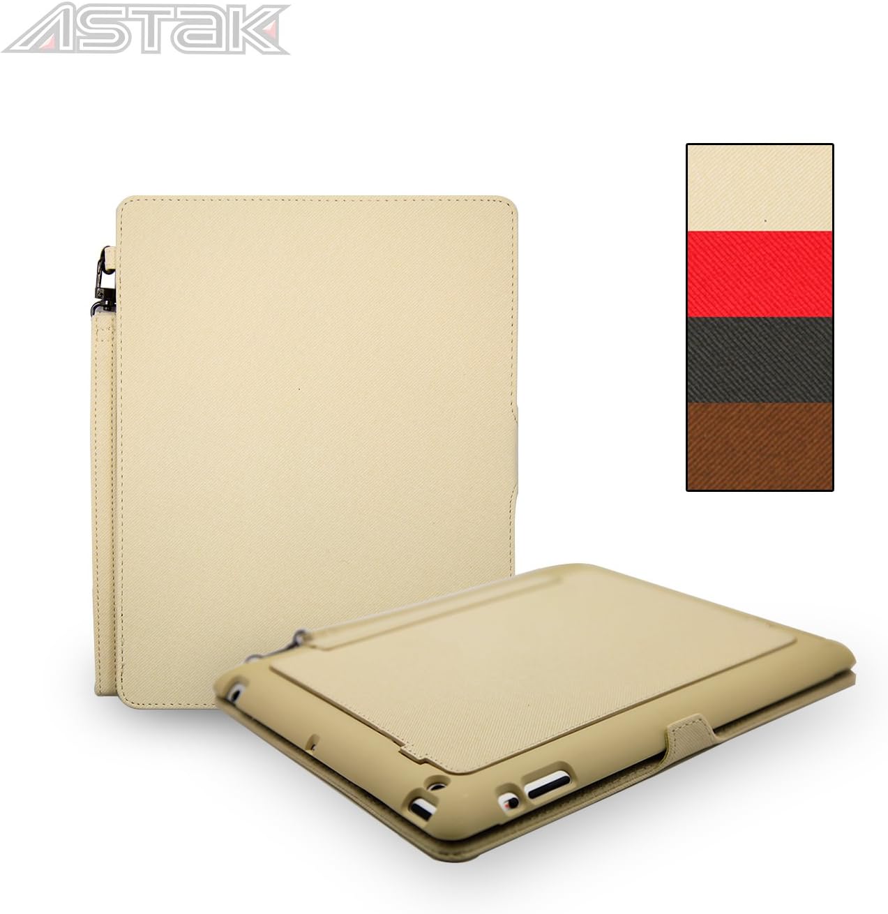 Astak Stylish Lightweight Denim Textured, Folds Over to Become a Stand and Built-in Hand Strap for Easy Travel, Folio Flip Cover Case with Hard Plastic Interior to Protect Screen From Dirt and Scratches Designed Perfectly for Apple iPad 2, Multi-colors Available. (Cream)