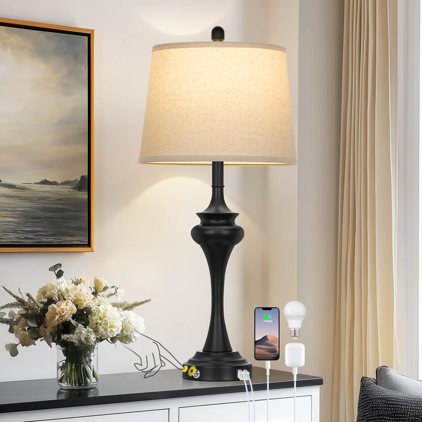 Photo 1 of Rinweey 30" Black Touch Control Table Lamp with USB-C