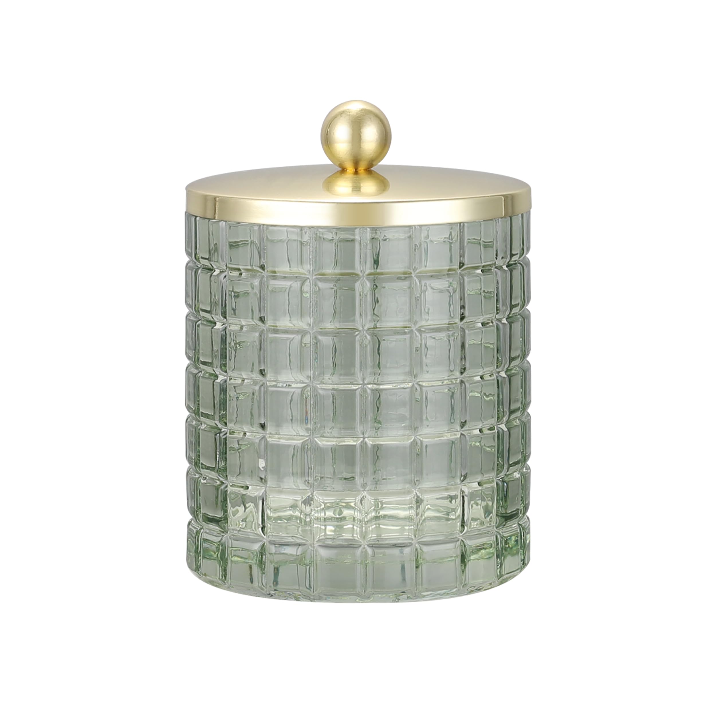 Indecor Home Glass Jar with Metal Lid for Bathroom Organization, Clear Apothecary Jar for Cotton Balls, Q Tips, and Small Accessories, Stylish Bathroom Storage Container Sage Green, Gold