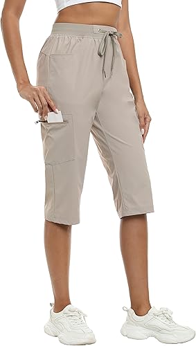 MoFiz Pantalones capri para mujer, ligeros, pantalones capri para mujer, casuales, de verano, con bolsillos con cremallera