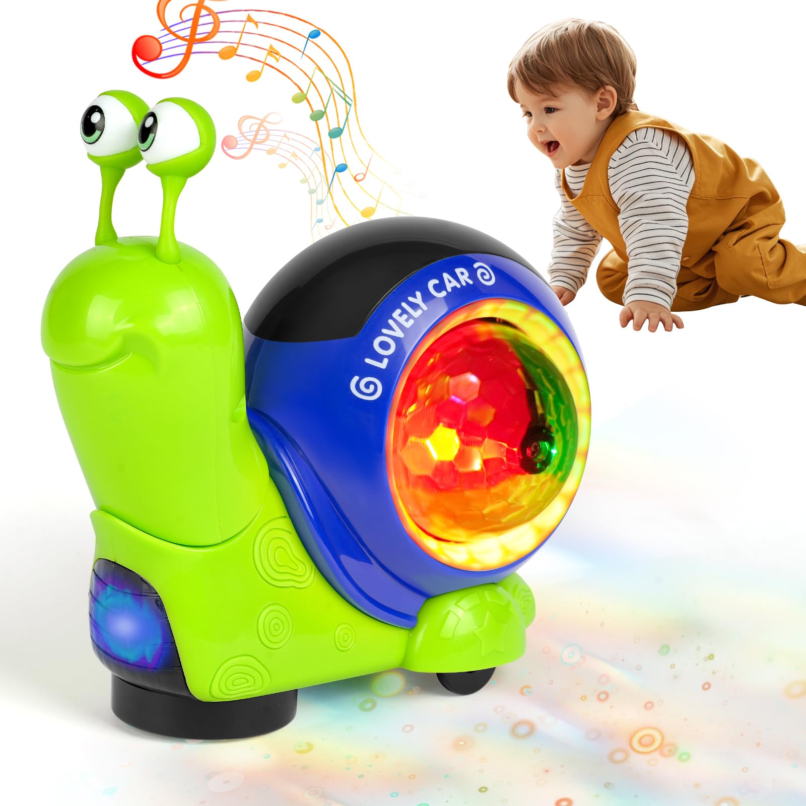 Aolso Baby Toddler Crawling Snail Toys, Electric Luminous Snail Toy with Automatically Avoid Obstacles Function, Musical Light Snail Toys for Boys, Girls and Babies, Green