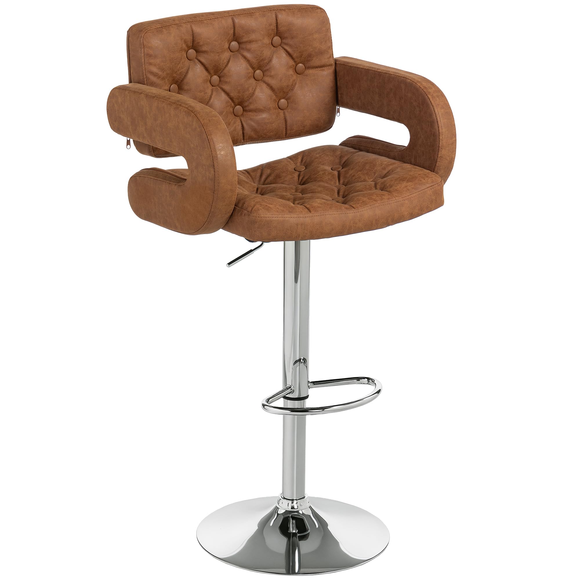 HOMCOM Swivel Bar Stool with Extra Large Seat, PU Leather Upholstered Adjustable Barstool with Back, Arm and Footrest, Breakfast Bar Chair for Bistro, Kitchen, Brown