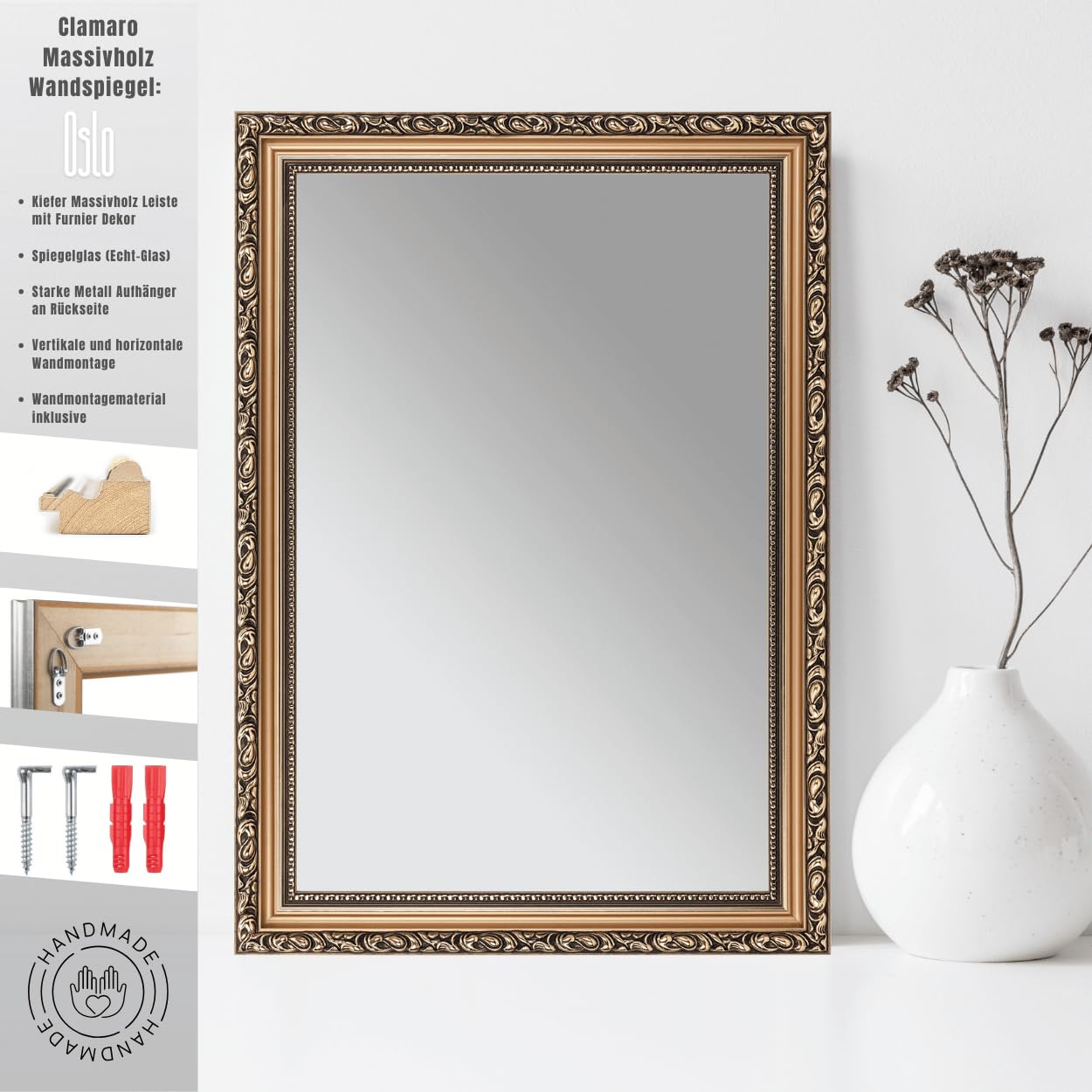 CLAMARO Oslo Barockspiegel, antik, Fichte Massivholz, Bronze, 50 x 70 cm | Handgefertigt in Deutschland, Echtglas, HDF-Rückwand, Metallaufhänger, Hoch- und Querformat, für Flur, Bad, Garderobe