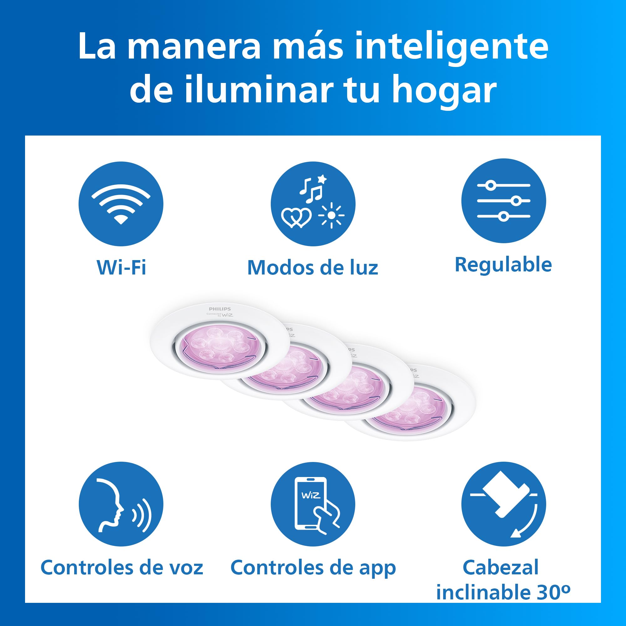 Philips Smart Lighting Kit Bombillas GU10, Pack de 4, Luz Blanca Ajustable y de Color, Solución Total, Cabezal Inclinable, Regulable, Control por App y Voz, Blanco