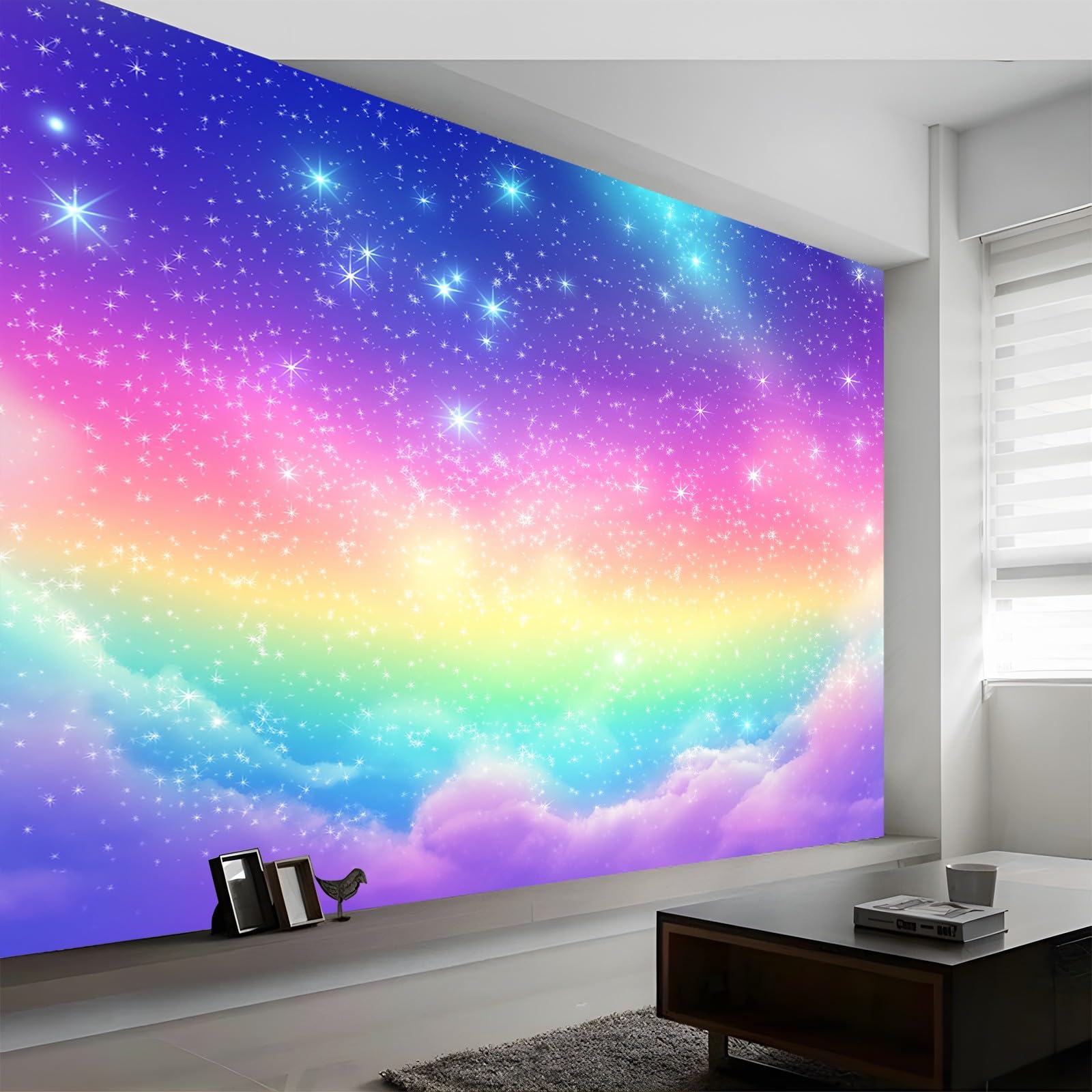 Panoramiczne gwiaździste niebo gradient gwiazdy niebieski różowy 200 x 140 cm (szer. x wys.), panoramiczna gigantyczna tapeta 3D salon sypialnia jadalnia pokój dziecięcy dekoracje ścienne z włókniny