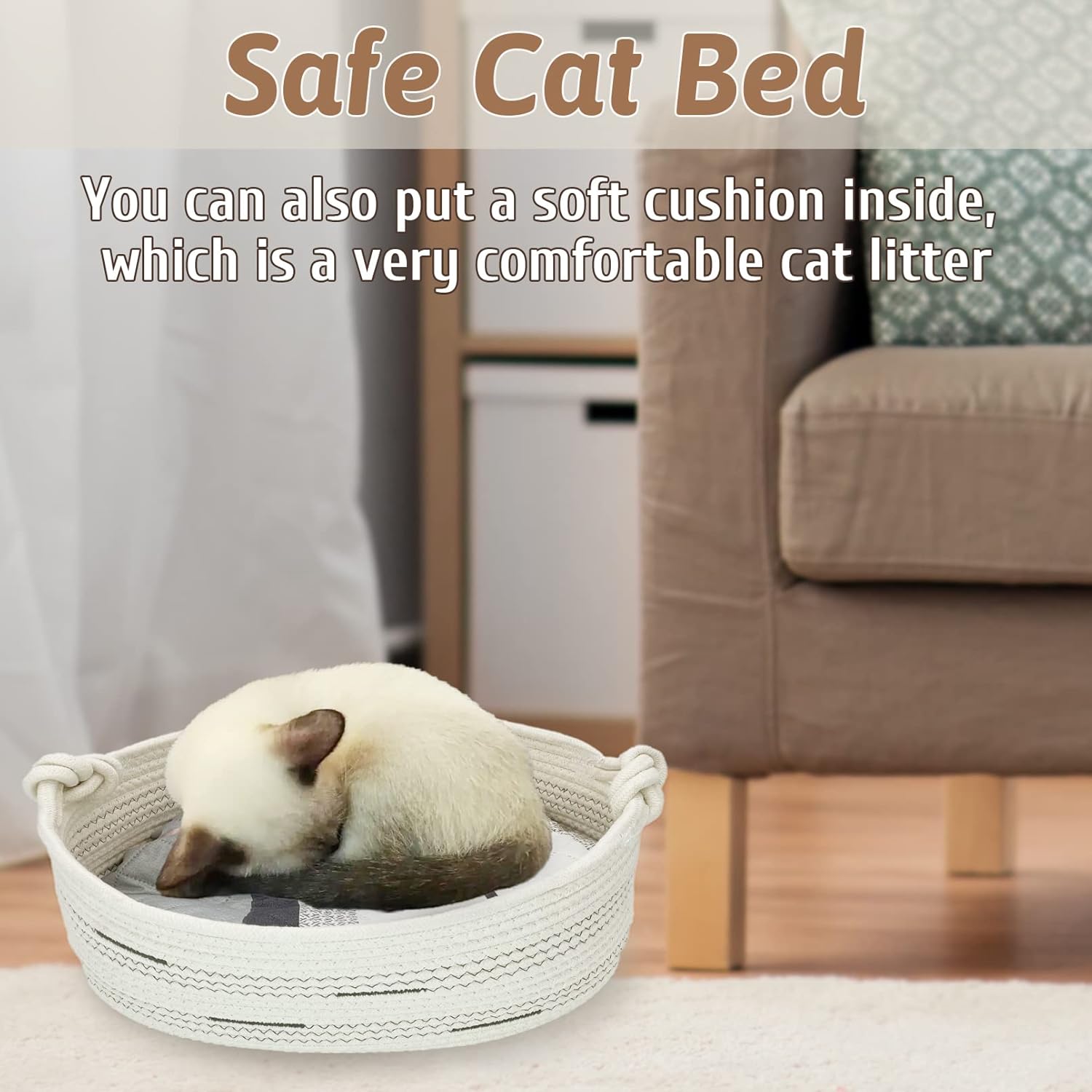 Fhiny Cotton Rope Dog Toy Basket with Handle Puppy Toys Storage Bin Small Woven Rectangle Diapers Pet Kitty Bed Perfect for Carry Pet Chew Toys Blankets Leashes Doggie Stuff - Beige S - Image 7